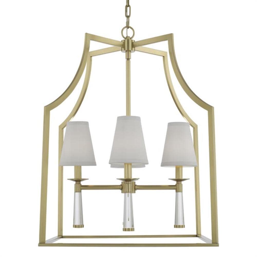 Mini Baxter Aged Brass 4-Light Chandelier with White Silk Shade