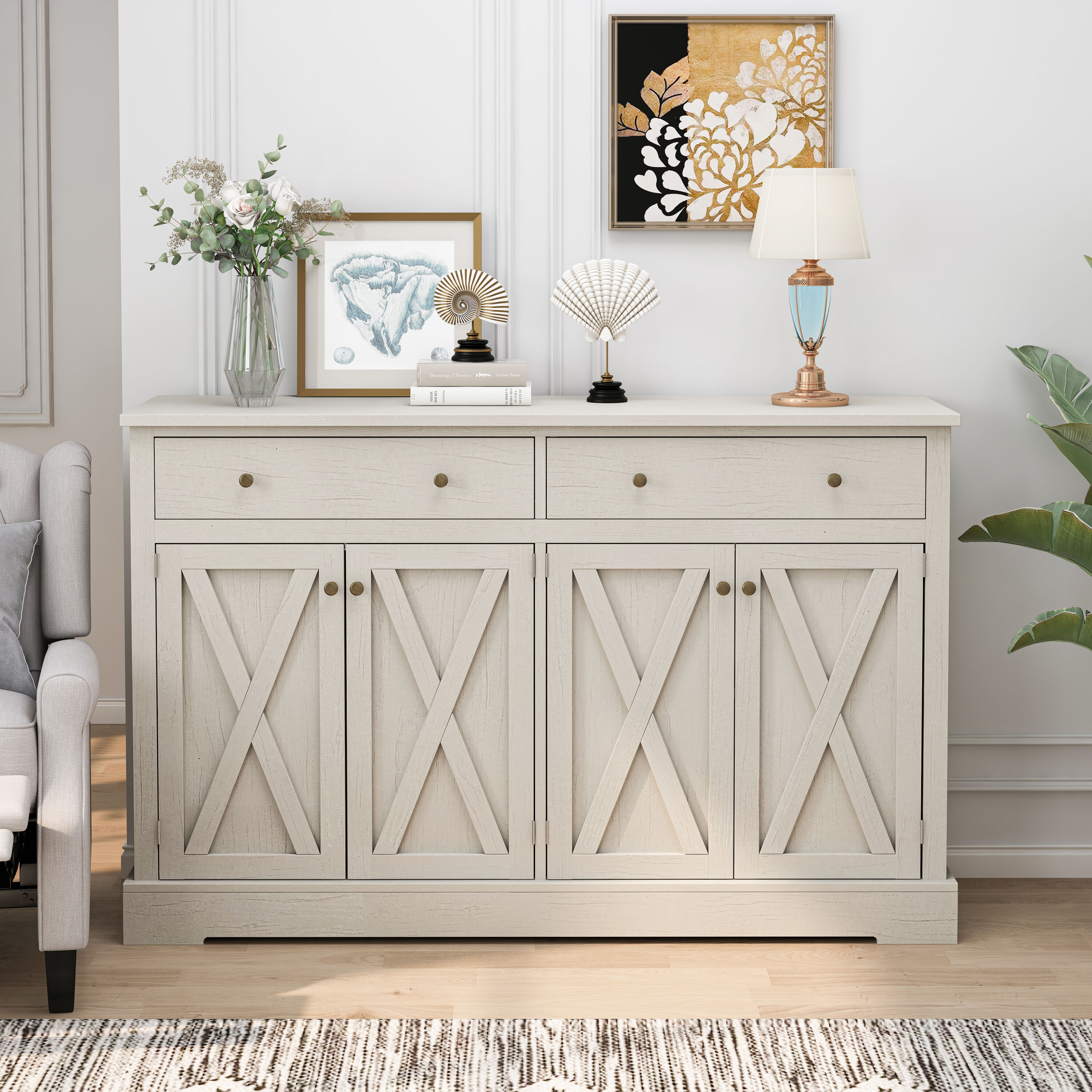GDFStudio 326074 Vintage White Sideboard with Two Drawers and Four Doors for Living Room   Bedroom   and Kitchen   Room Storage Cabinet   Vintage White