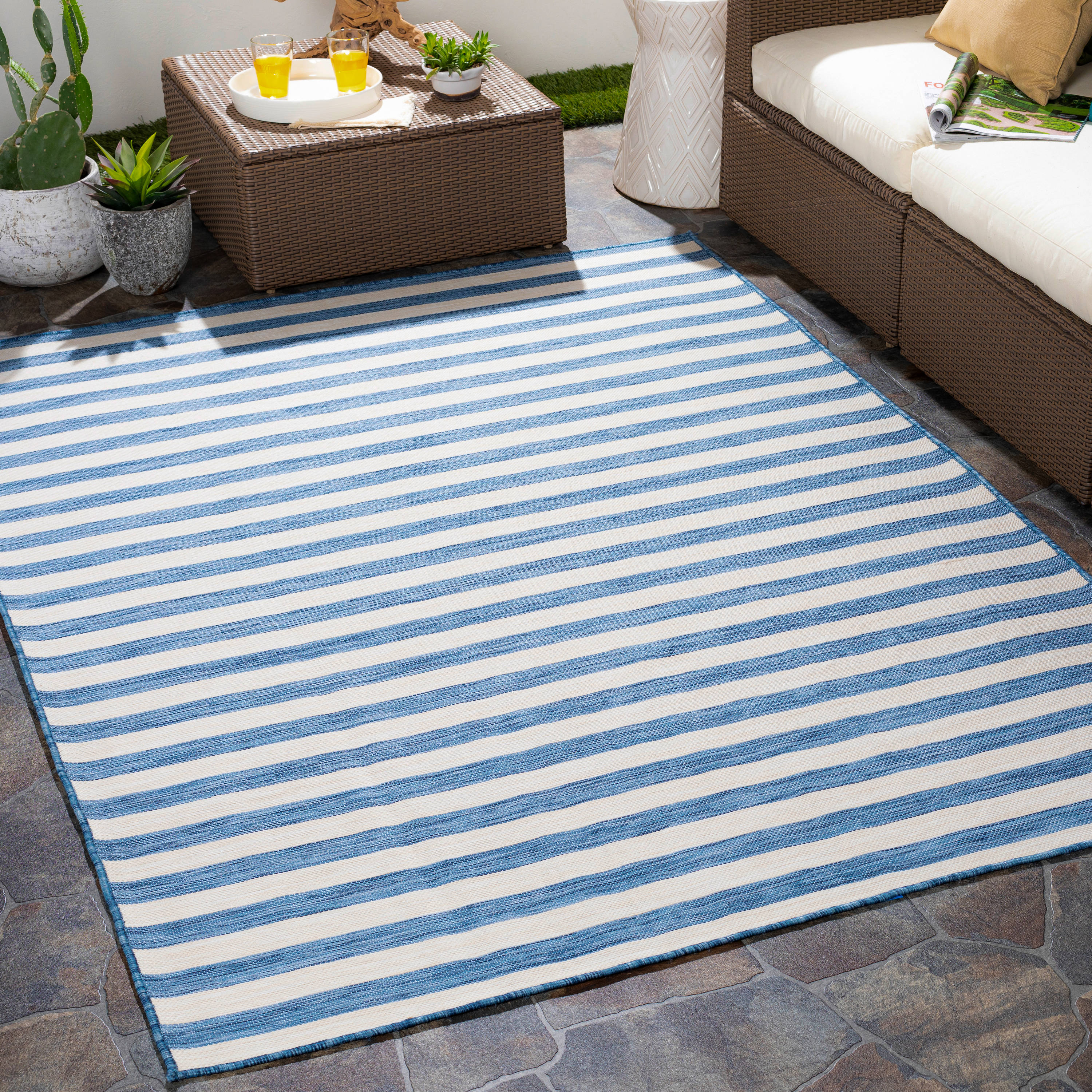 Surya PSA2379-27411 Pasadena 3 X 5 (ft) Blue Indoor/Outdoor Stripe Global Area Rug