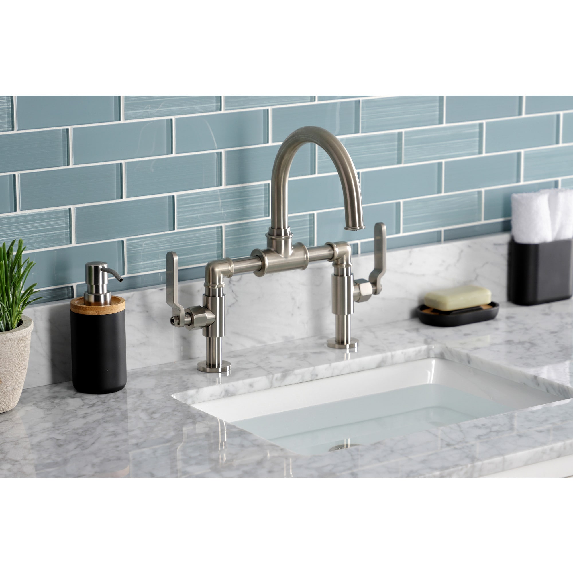 Kingston Brass WLKS2178KL Whitaker Brushed nickel 2-hole 2-handle High-arc Residential Handle Bathroom Sink Faucet with Drain