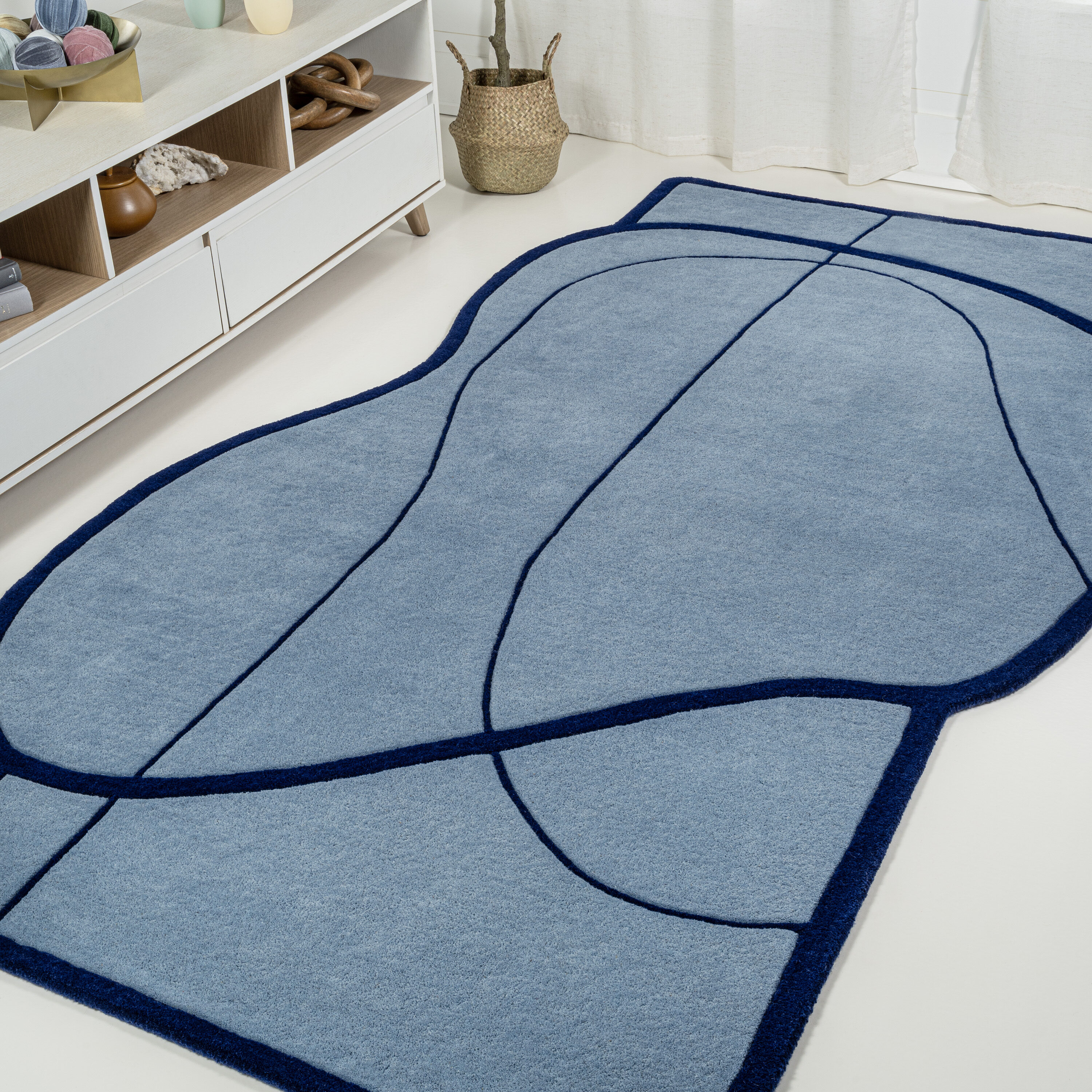 JONATHAN Y 8 X 10 (ft) Wool Light Blue/Navy Irregular Indoor Abstract Mid-century Modern Spot Clean Only Area Rug