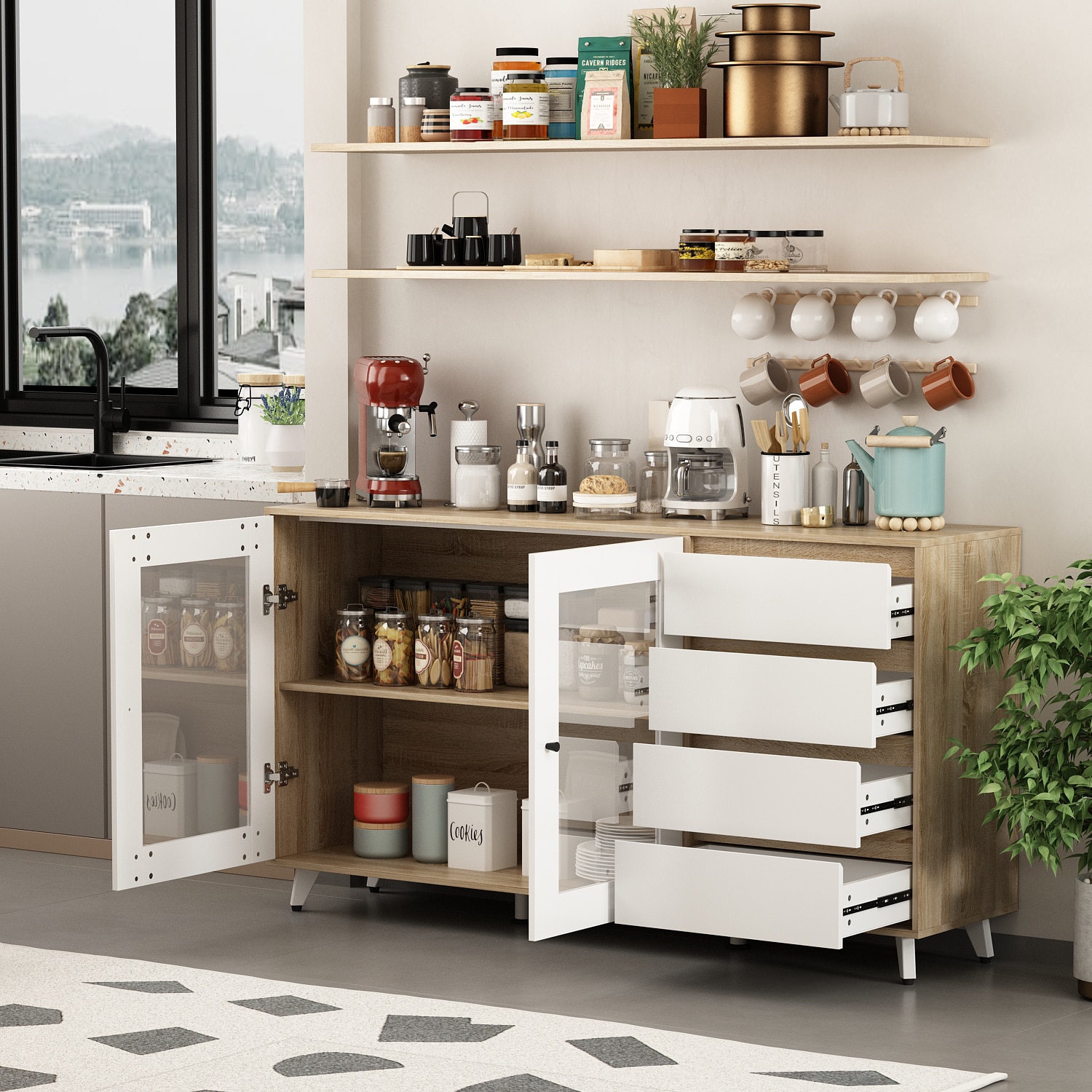 ModernLuxe Dining Room/Living Room Storage Cabinet with Two Drawers and Four Classic Rattan Basket Brown-Rustic