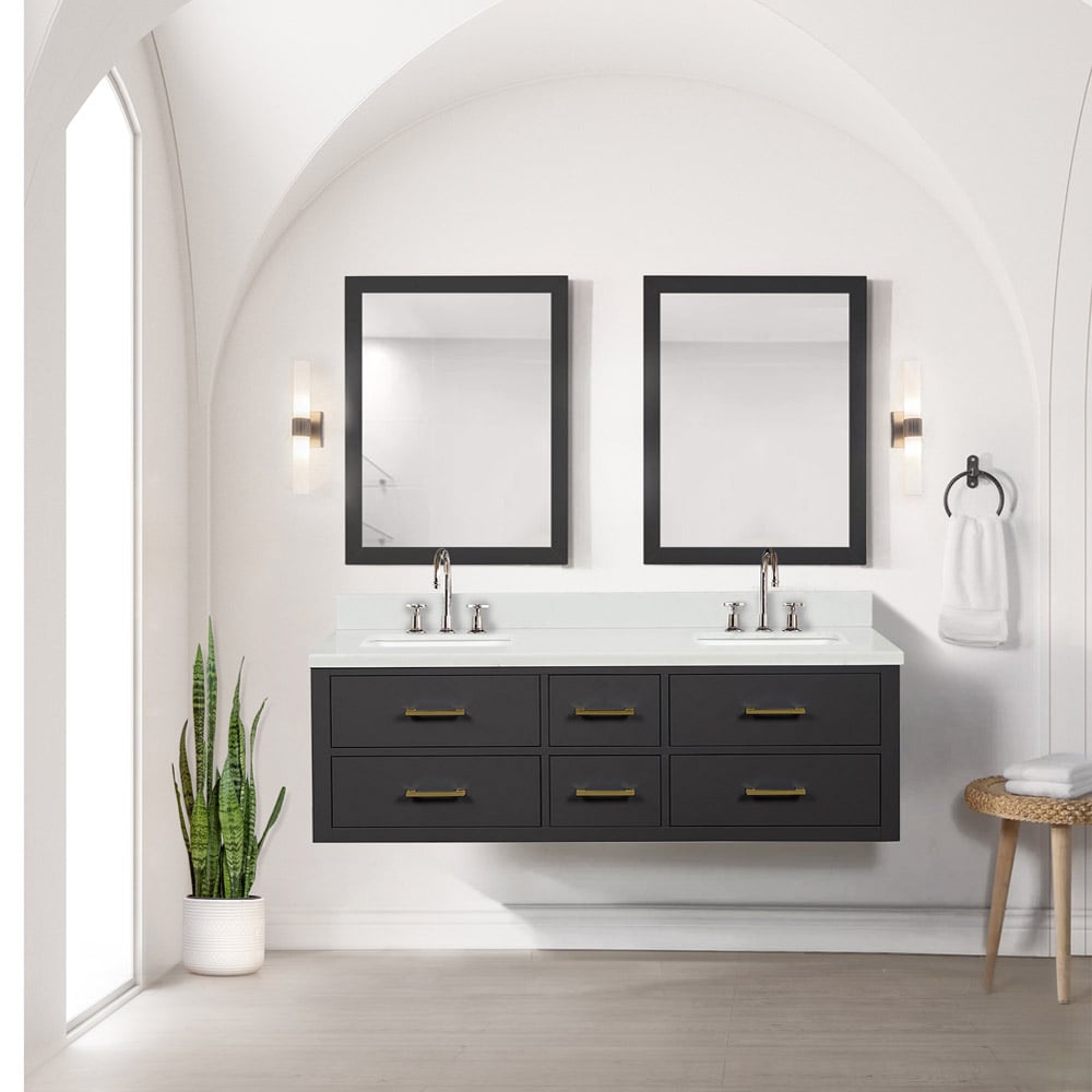 Lexora LVSO60DL300 Southold 60-in Black Undermount Double Sink Floating Bathroom Vanity with White Cultured Marble Top