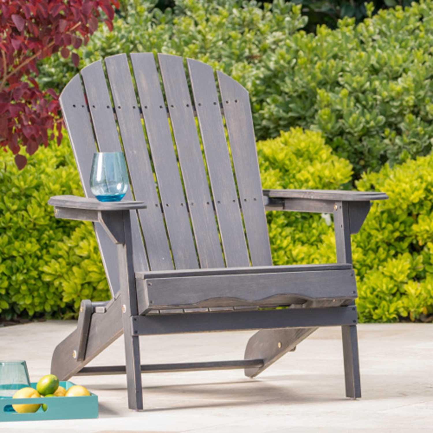 Zeus & Ruta BL02PA-28 Adirondack Chair Dark Grey Wood Frame Stationary Adirondack Chair with Slat Seat