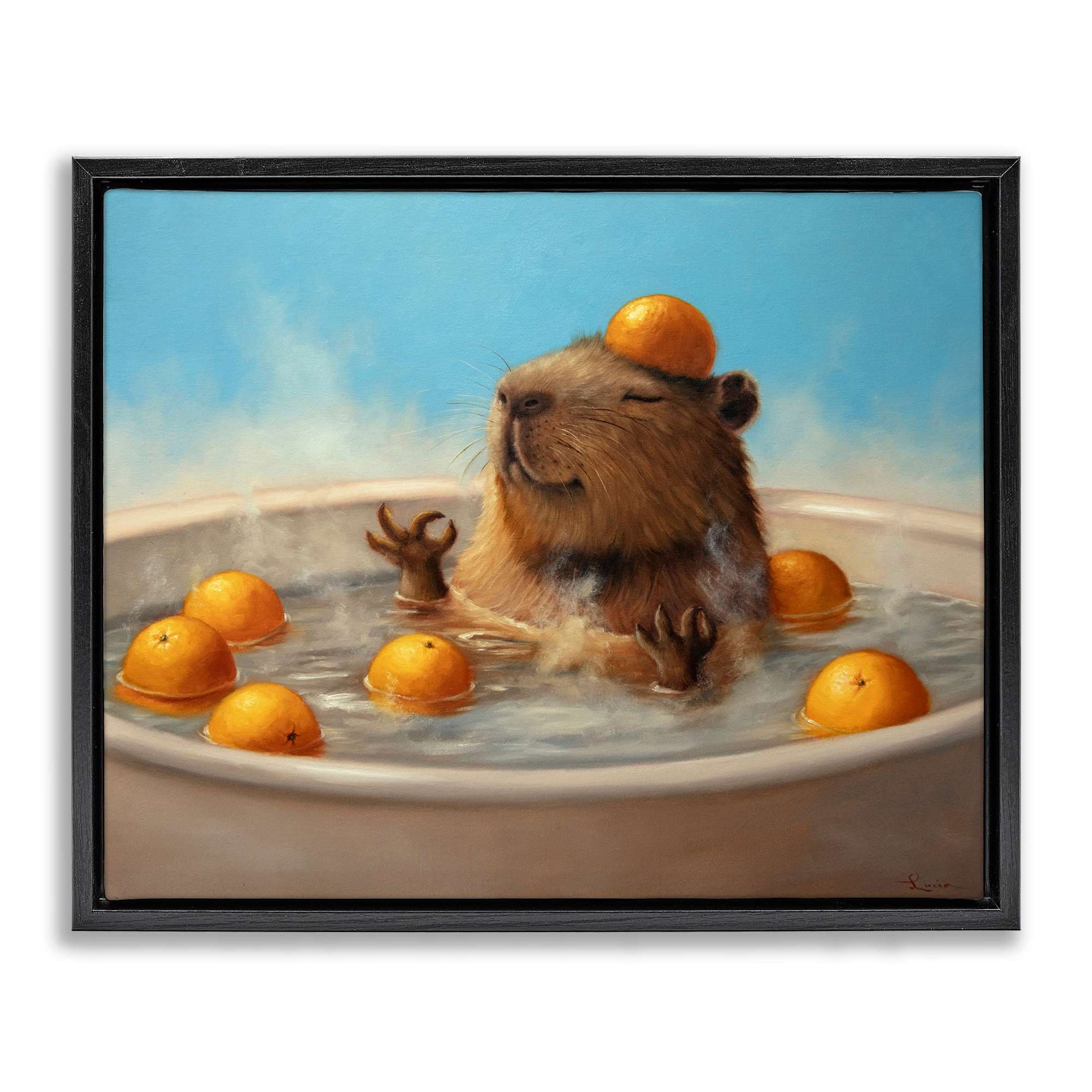 Stupell Industries BS-767-FFB-16X20 Capybara in Orange Bath Black Framed Floater Canvas Wall Art By Lucia Heffernan 21 x 17