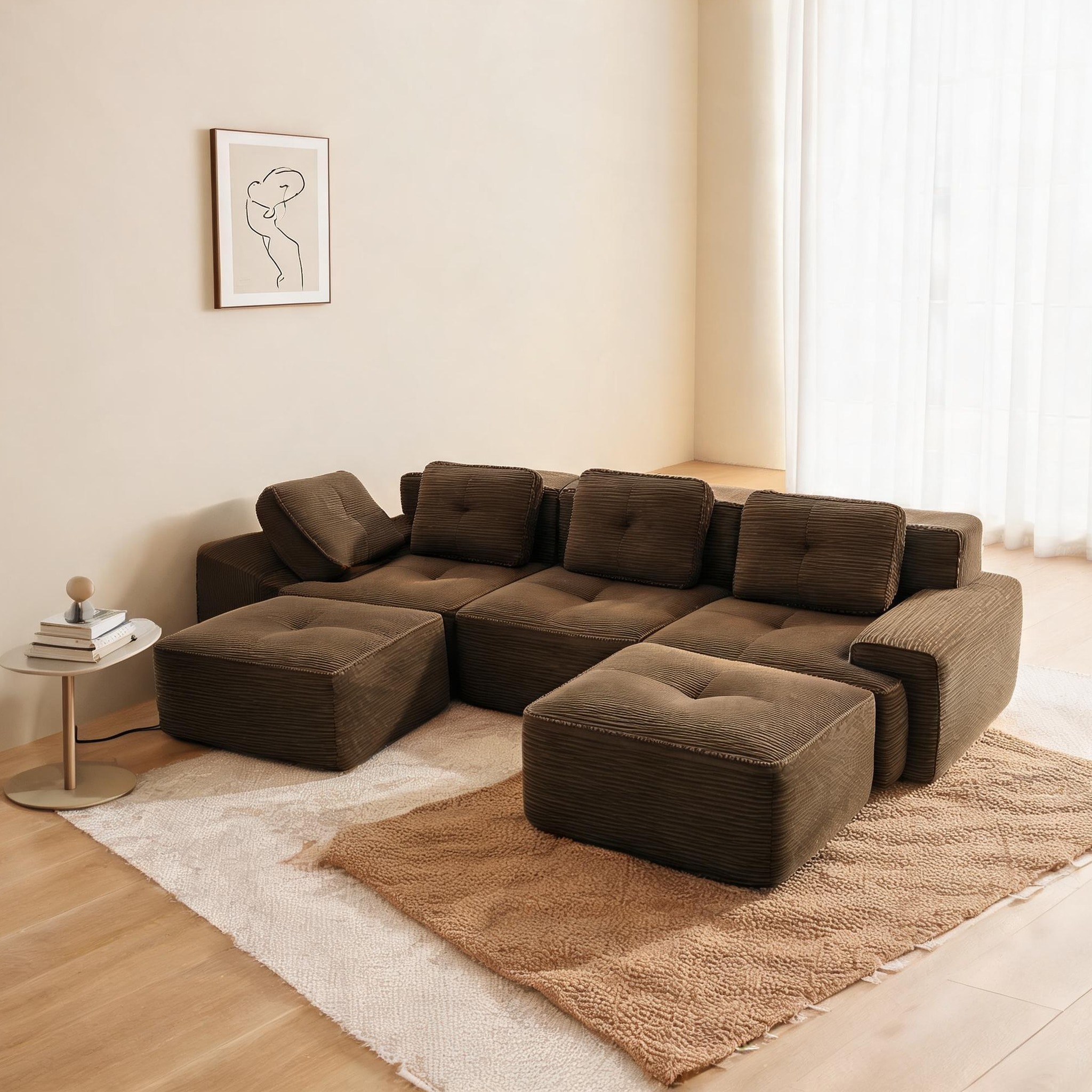chillscreamni - U-Shaped Modular Sectional Sofa in Classic Brown Corduroy with Deep Seat and Otto...