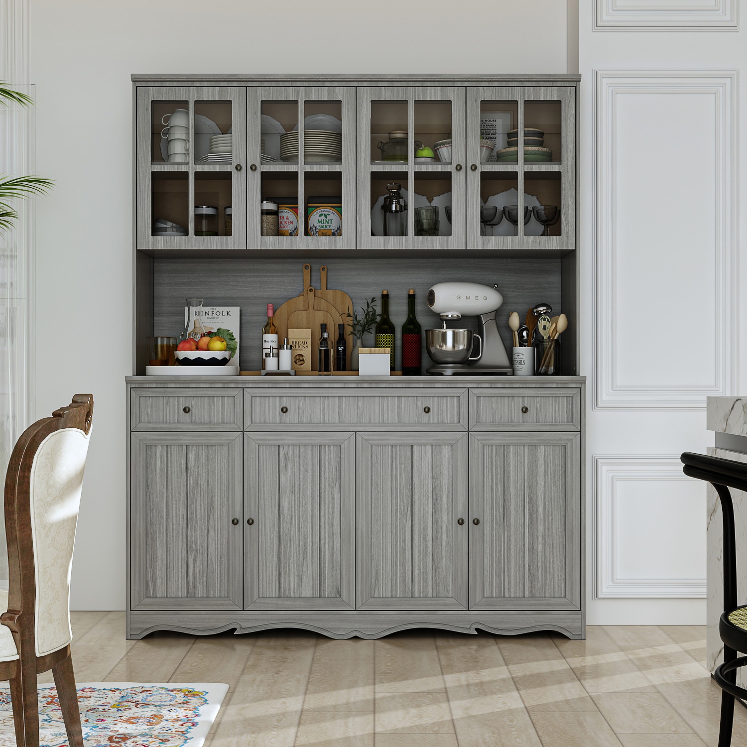 VEIKOUS 72 inchKitchen Pantry Storage Cabinet Buffet with Shelves and Microwave Space, Gray