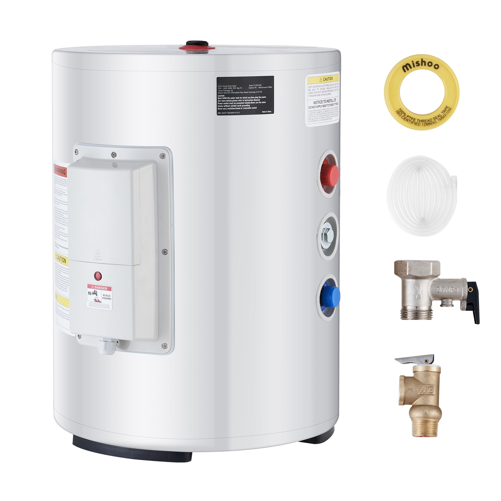 VEVOR Electric Water Heater 10 Gallon Tank Instant Hot Water Heater 1.6Kw Tankless Water Heater w/ LED Display Knob Control IPX4 Waterproof Side Connection On Demand Heaters for Shower Bath