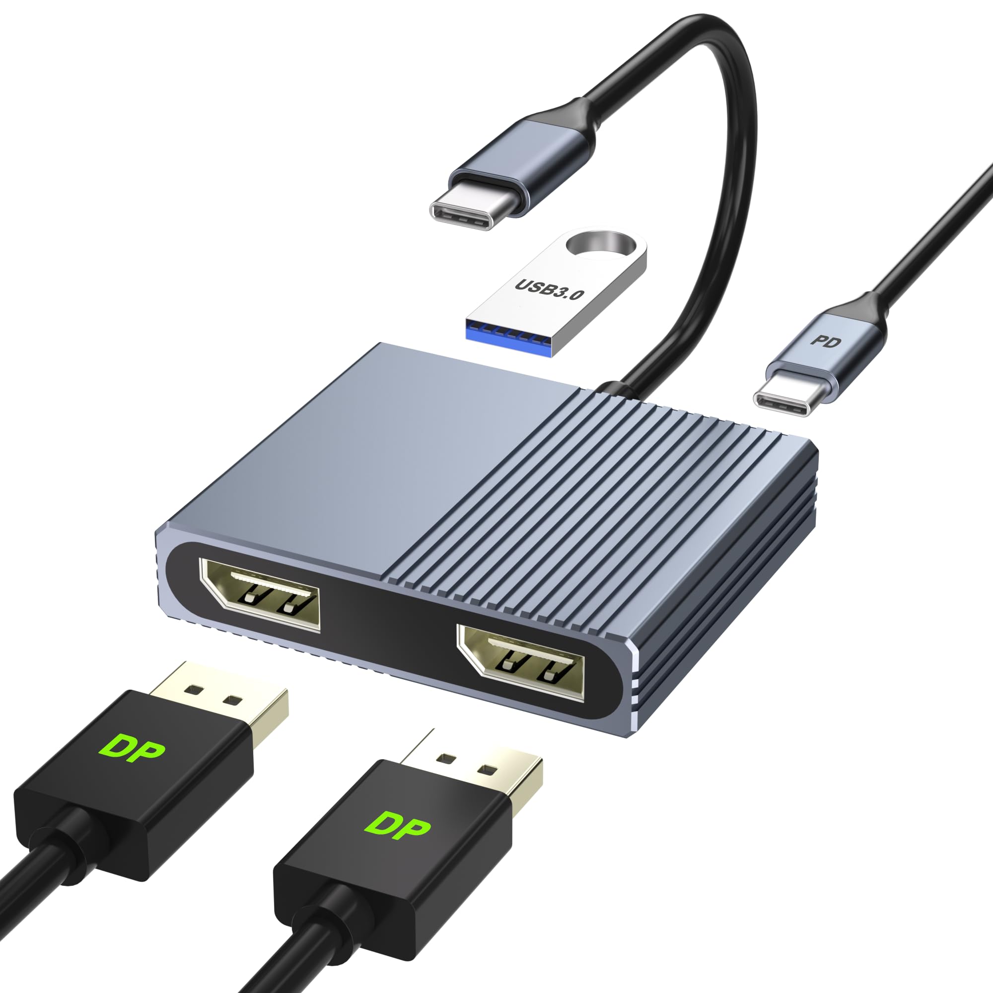 JVFCXXV  Display Port Splitter for Dual Monitors 4K at 60Hz USB C to Dual DisplayPort Adapter with USB 3.0 and Power Delivery for Dell HP Mac