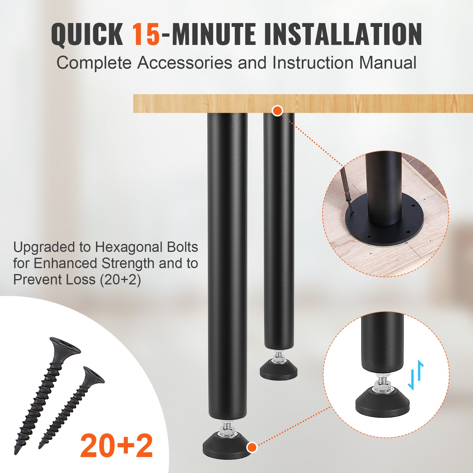 Black 16'' Adjustable Solid Steel Desk Legs Set of 4