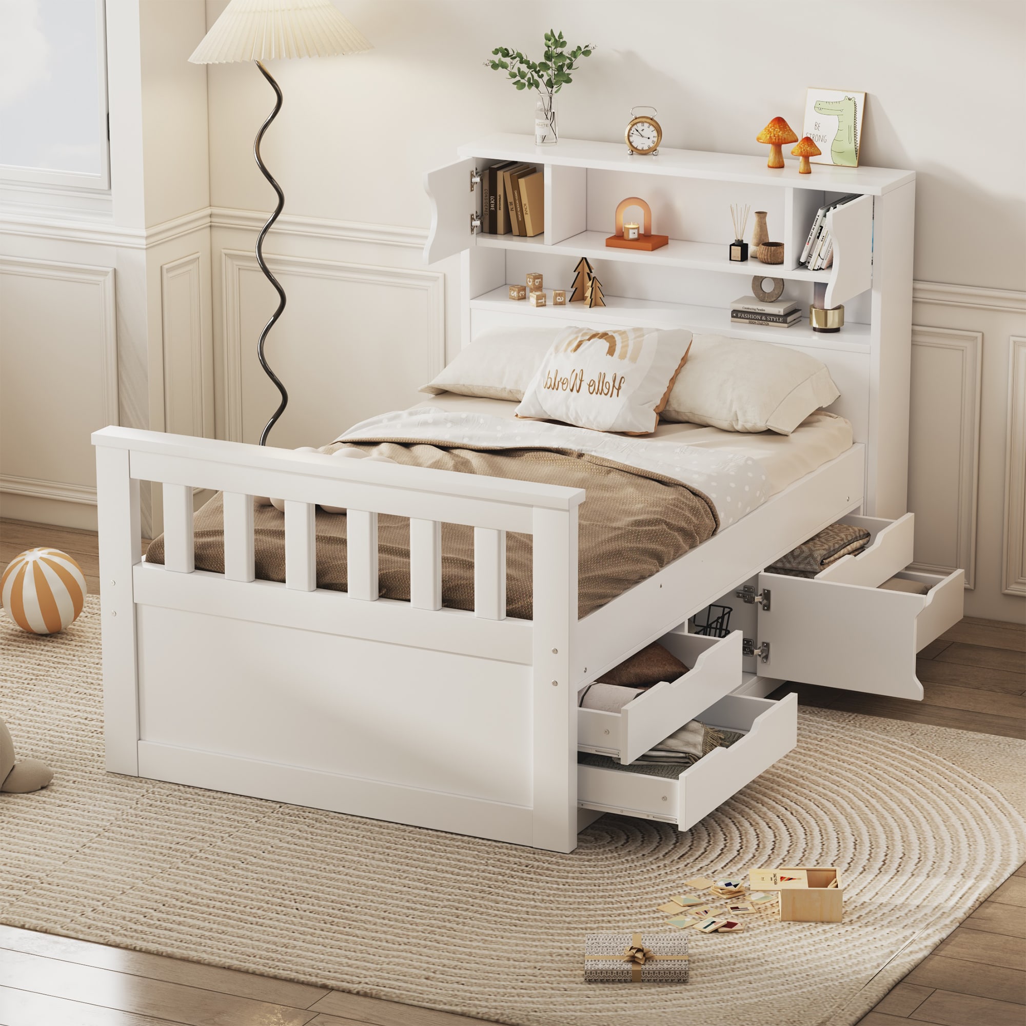 ModernLuxe GX001828AAK Twin Size Captain Platform Bed Frame with Storage Bookcases and ShelvesFour DrawersWhite