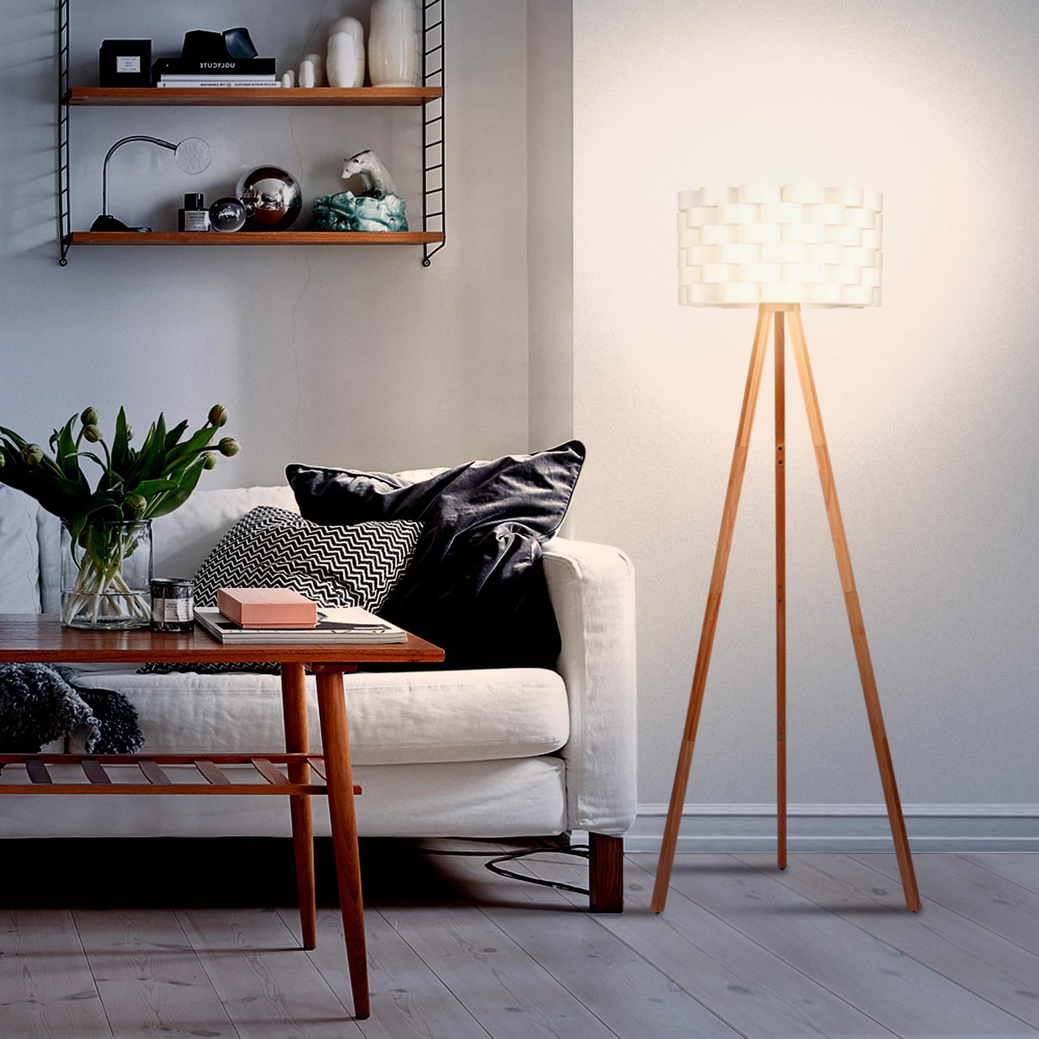 Alexa-Enabled White Wood Tripod LED Floor Lamp for Kids' Nursery