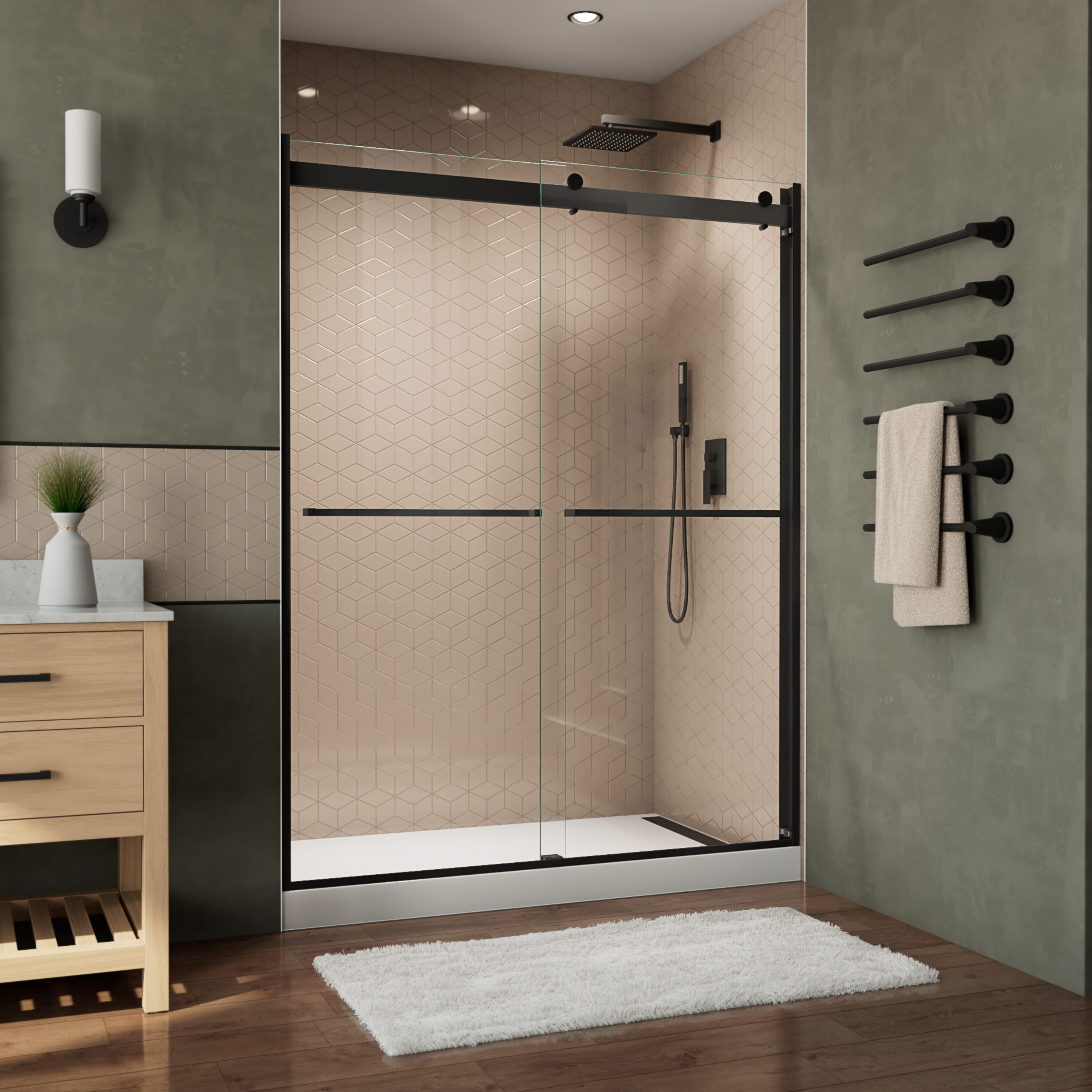 DreamLine SHDR-636076H-09 Essence-H Matte Black 56-in to 60-in W x 76-in H Semi-frameless Bypass Sliding Shower door 5/16-in Thick Clear Glass