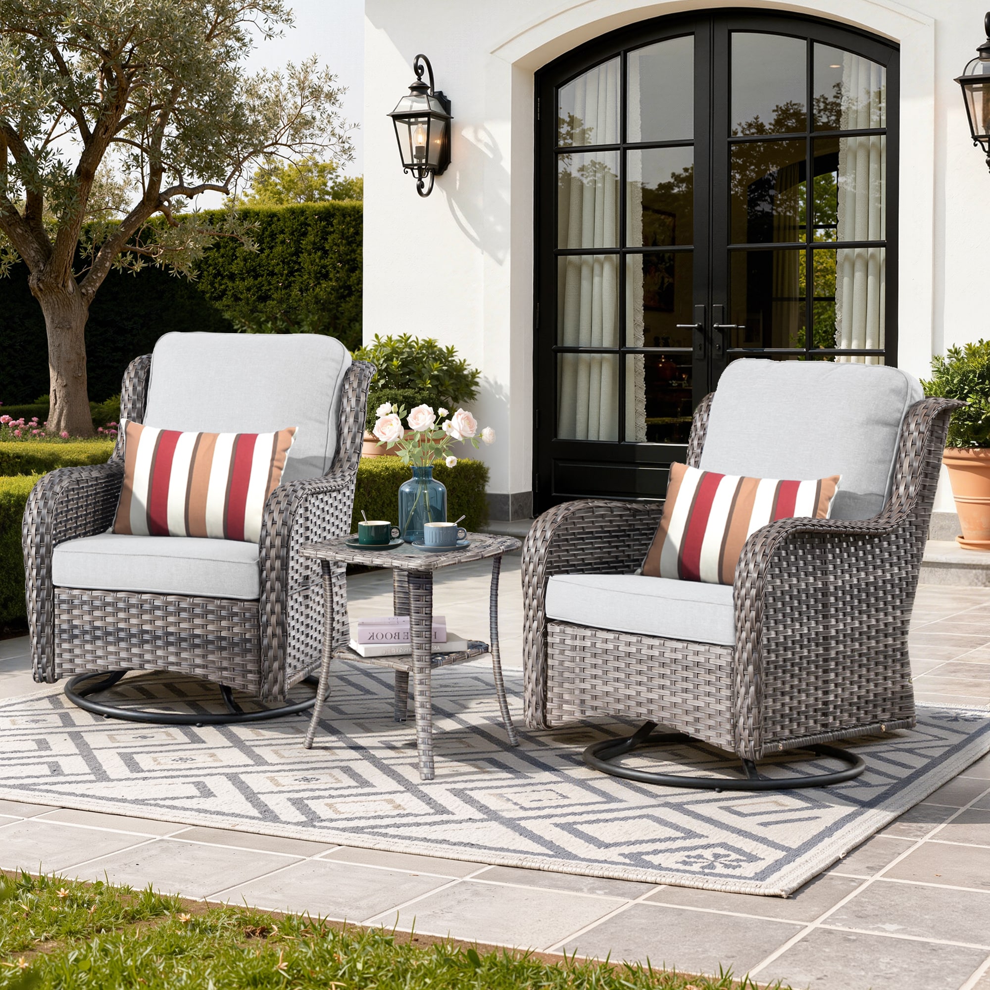 Toject - Patio Wicker Chairs Swivel Rocker Outdoor Swivel Rocking Chairs Set of 2 with Rattan Sid...