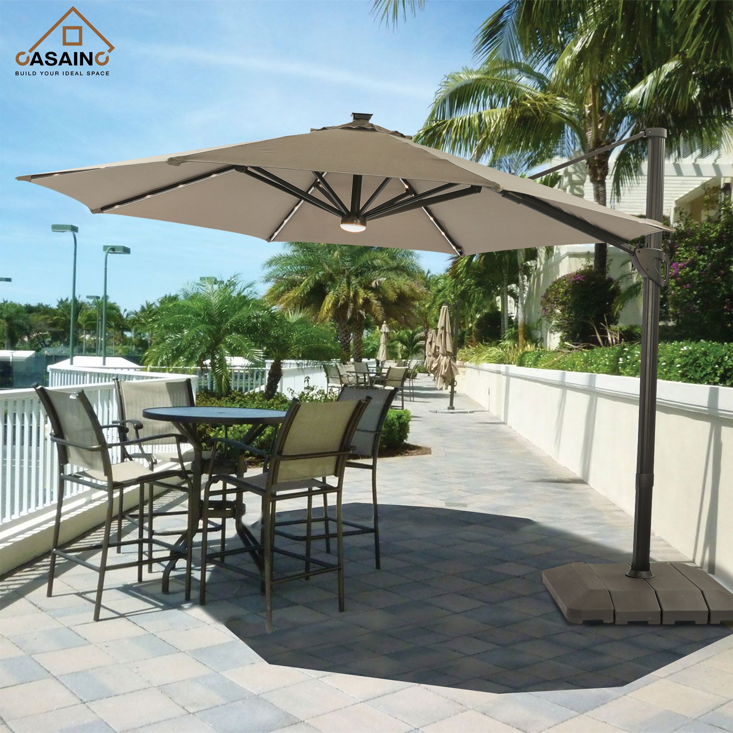 Casainc 11 Ft Gray Solar Powered Push Button Tilt Cantilever Patio Umbrella With Base In The 9666