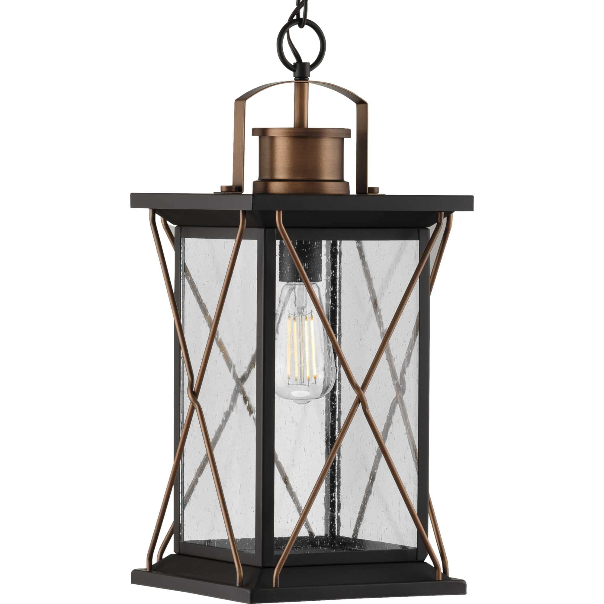 Progress Lighting P550068-020 Barlowe Antique Bronze with Antique Copper Farmhouse Seeded glass Lantern Small Indoor/Outdoor Hanging Pendant light