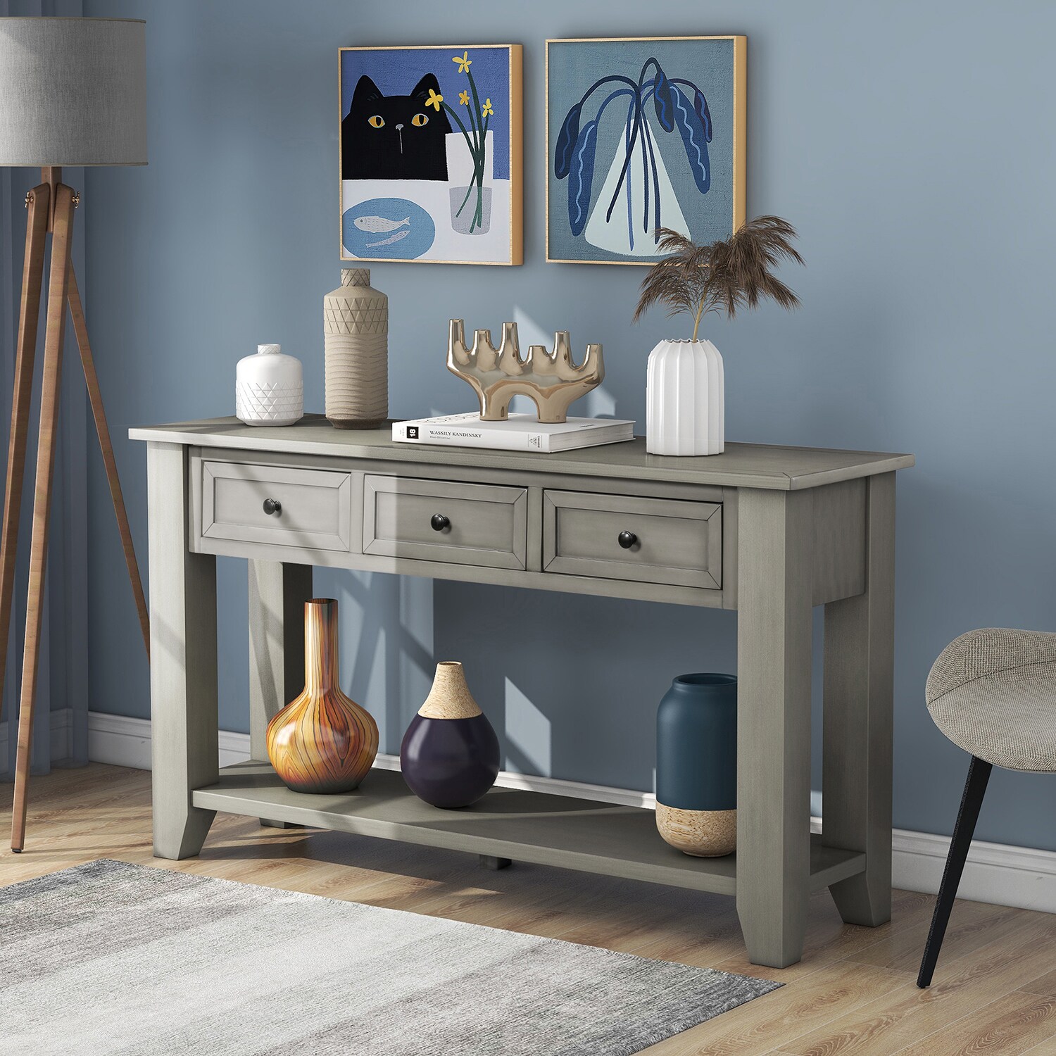 36 Retro Style Pine Console Table with 4 Drawers and 1 Storage Shelf, Blue  - ModernLuxe