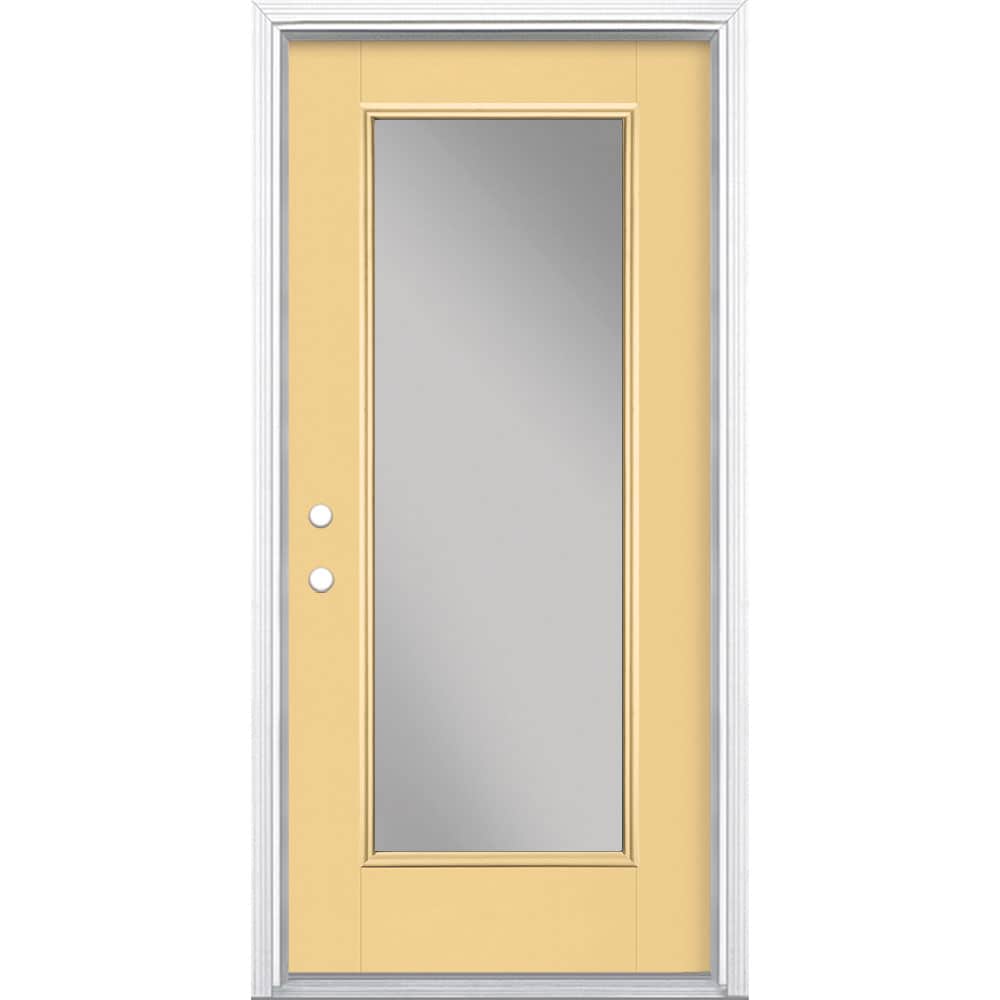 Masonite 1218692 36-in x 80-in x 4-9/16-in Fiberglass Full lite Right-hand inswing Cabana Yellow Painted Prehung Front Door with Brickmould Insulating core