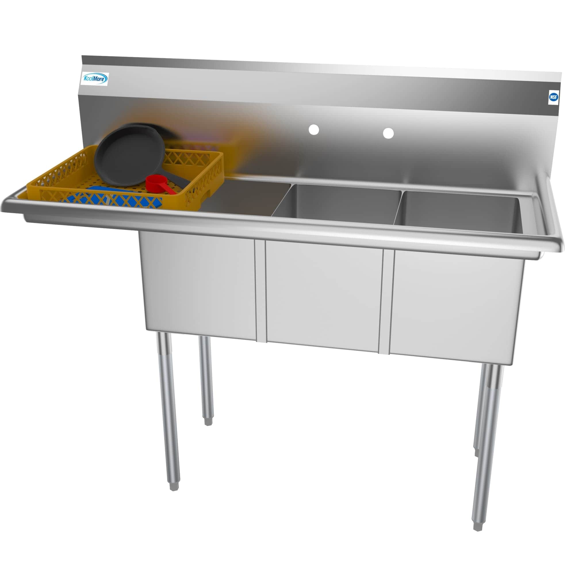 KoolMore 51 in. Three Compartment Stainless Steel Commercial Sink with Drainboard Bowl Size 12 x 16 x 10 in.