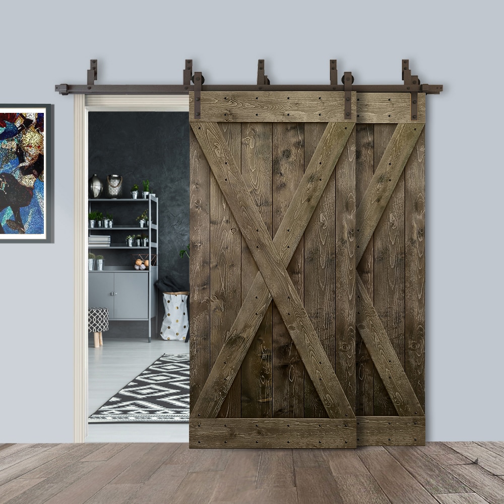 Calhome 48 In X 84 In Espresso Knotty Pine Wood Solid Core Double Bypass Barn Door Hardware