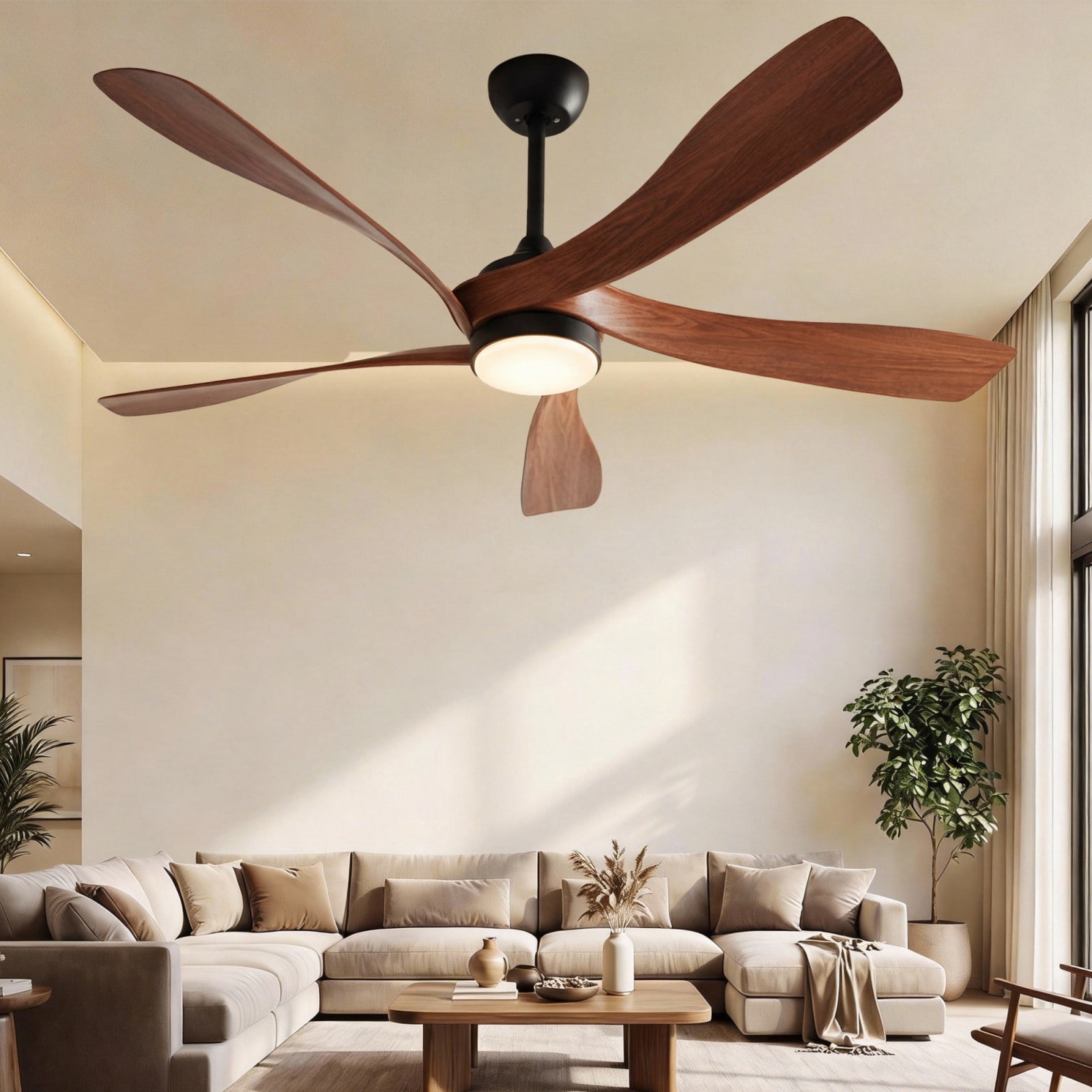 GlasFlength  72-Inch Industrial Smart Ceiling Fan With Light Remote Control WIFI Alexa Compatible 8 Black Plywood Blades 6 Speed Noiseless DC Motor For Indoor Outdoor Patio Garage