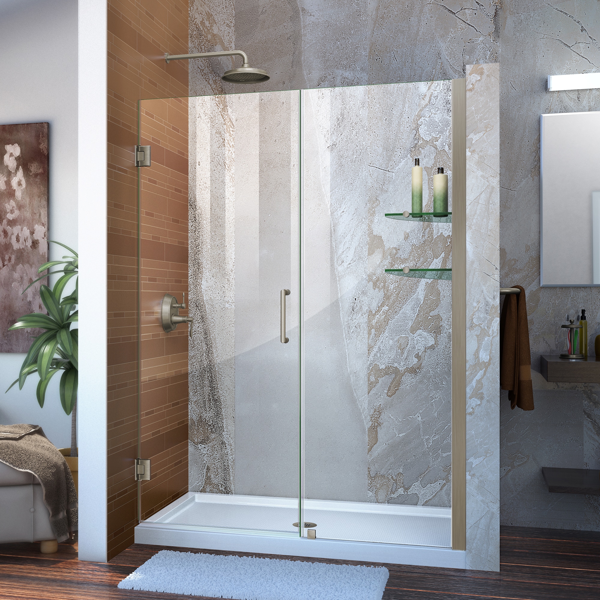 DreamLine SHDR-20547210S-04 Unidoor Brushed Nickel 54-in to 55-in W x 72-in H Frameless Hinged Shower door 3/8-in Thick Clear Glass