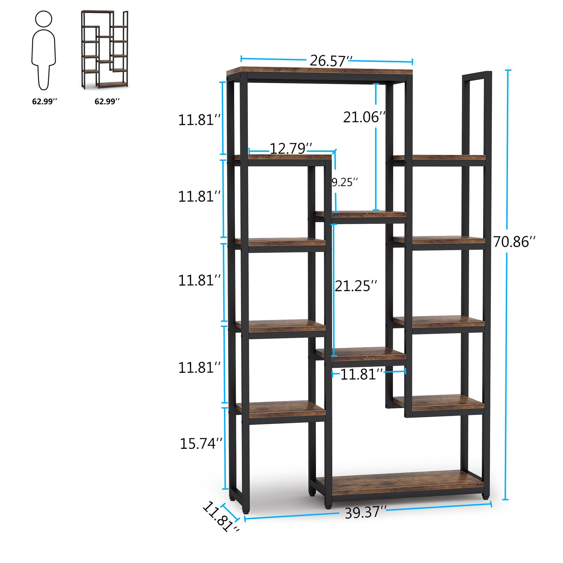 Tribesigns Brown Metal 12-Shelf Ladder Bookcase (39.37-in W x 70.86-in H x 11.81-in D) | HOGA-K0055