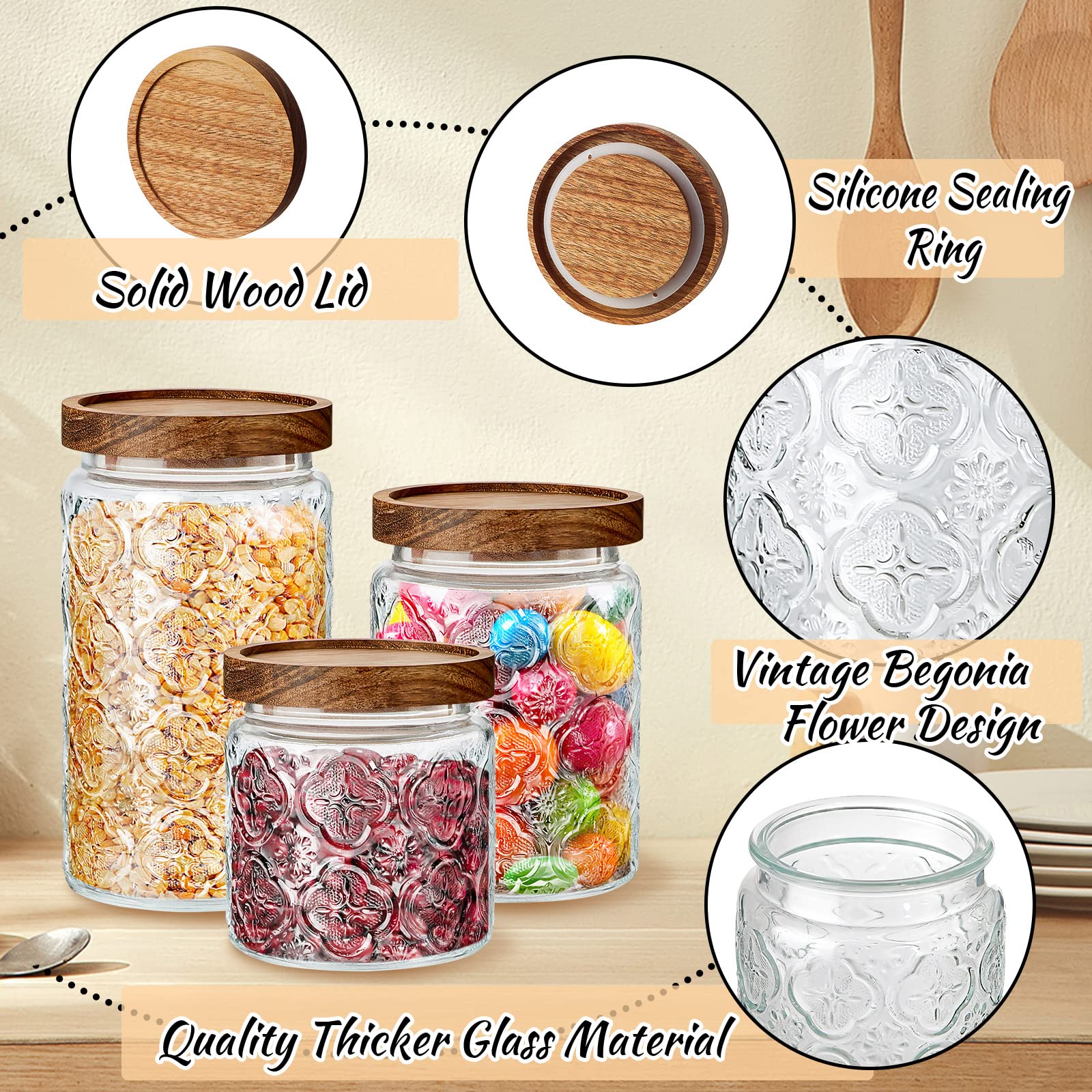 DHMHD 3 pcs Glass Food Storage Containers Set Airtight Wooden Lids ...