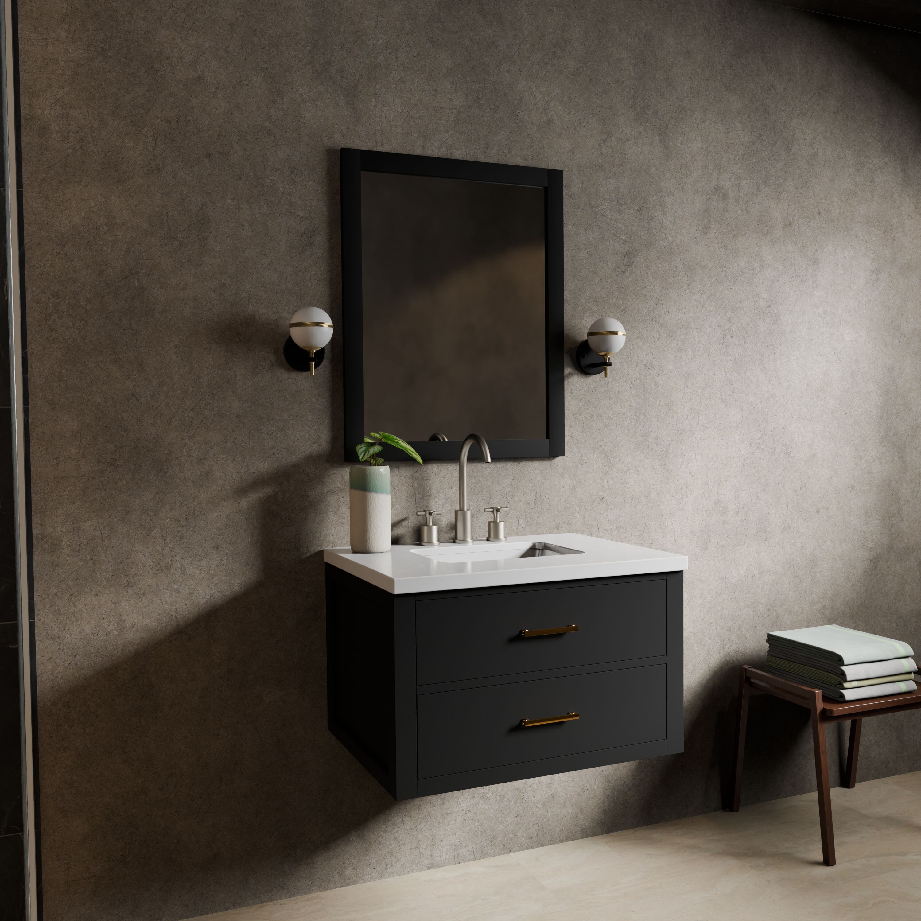 Lexora LVSO30SL210 Southold 30-in Black Undermount Single Sink Floating Bathroom Vanity with White Quartz Top (Mirror Included)