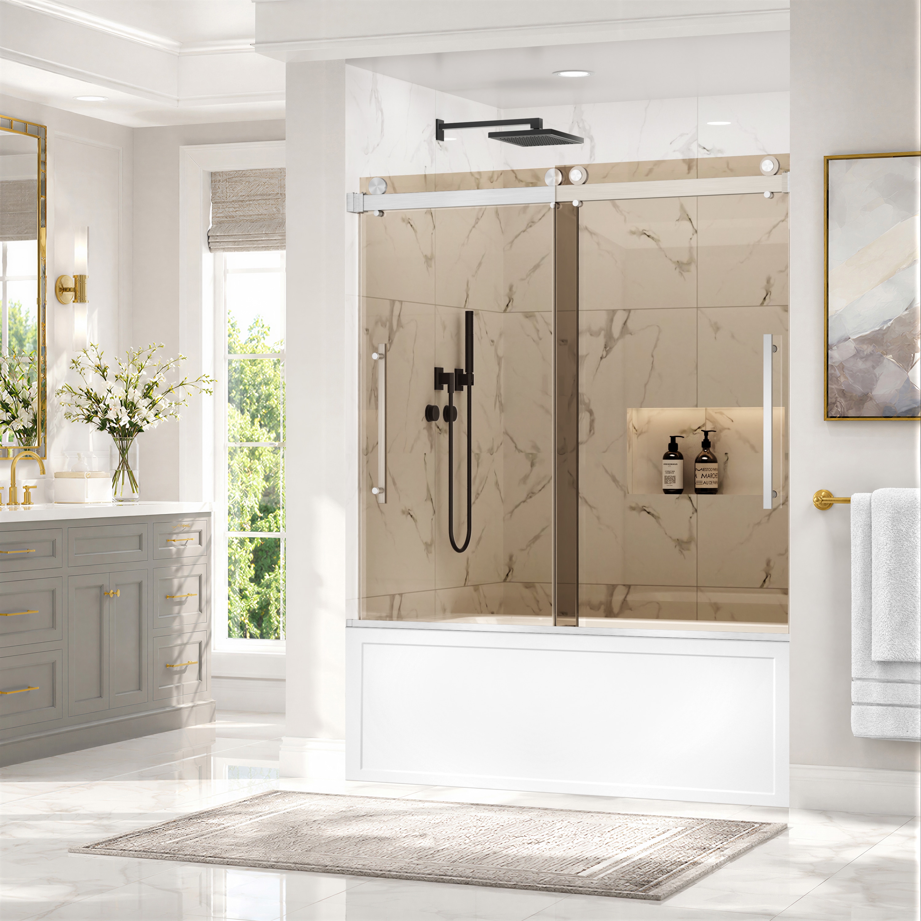 Velusian 56 in. - 60 in. W x 60 in. H Double Sliding Frameless Tub Shower Door in Brushed Nickel with Tinted Glass