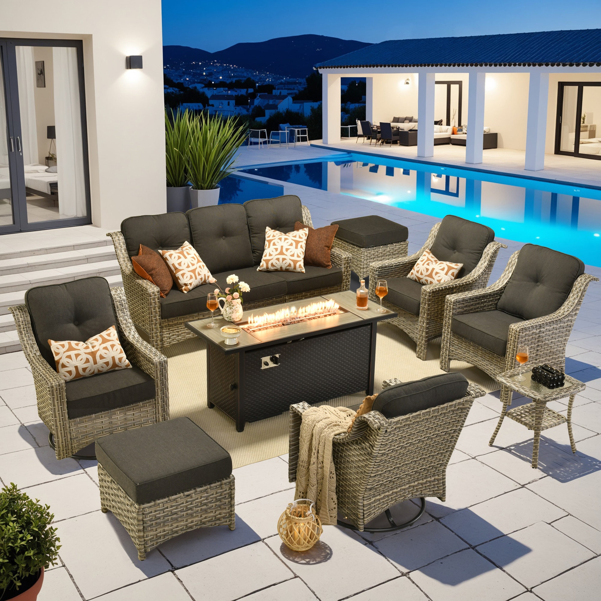 Pouuin SDFPYZPAD109 10 -Piece Wicker Patio Sofa Conversation Set with Black Cushions