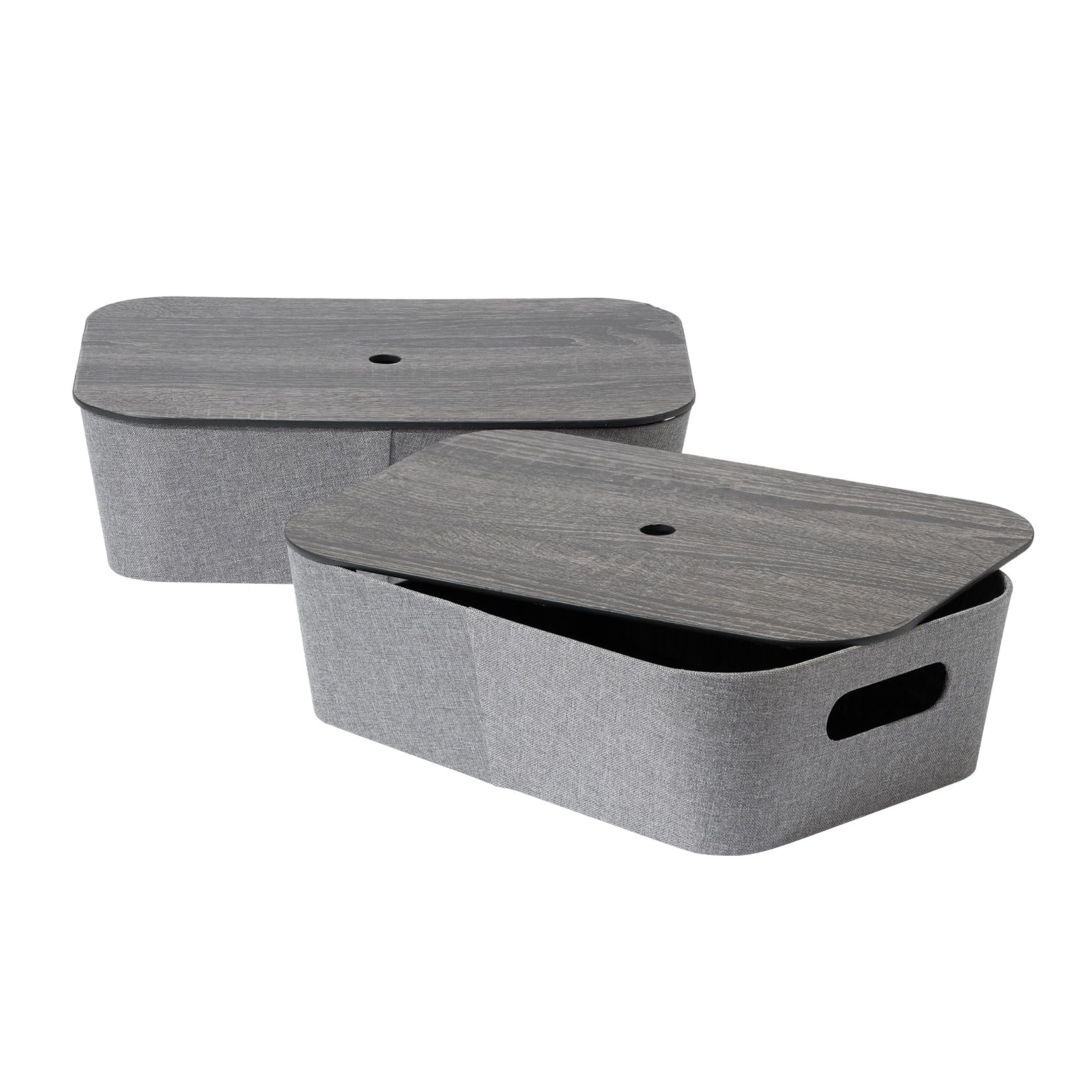 Phewnyzo  Modern Storage Basket Set of 2 with Woodgrain Lids Stackable Organizer Bins for Shelves Table Bookcase Office Pewter Gray Large Capacity