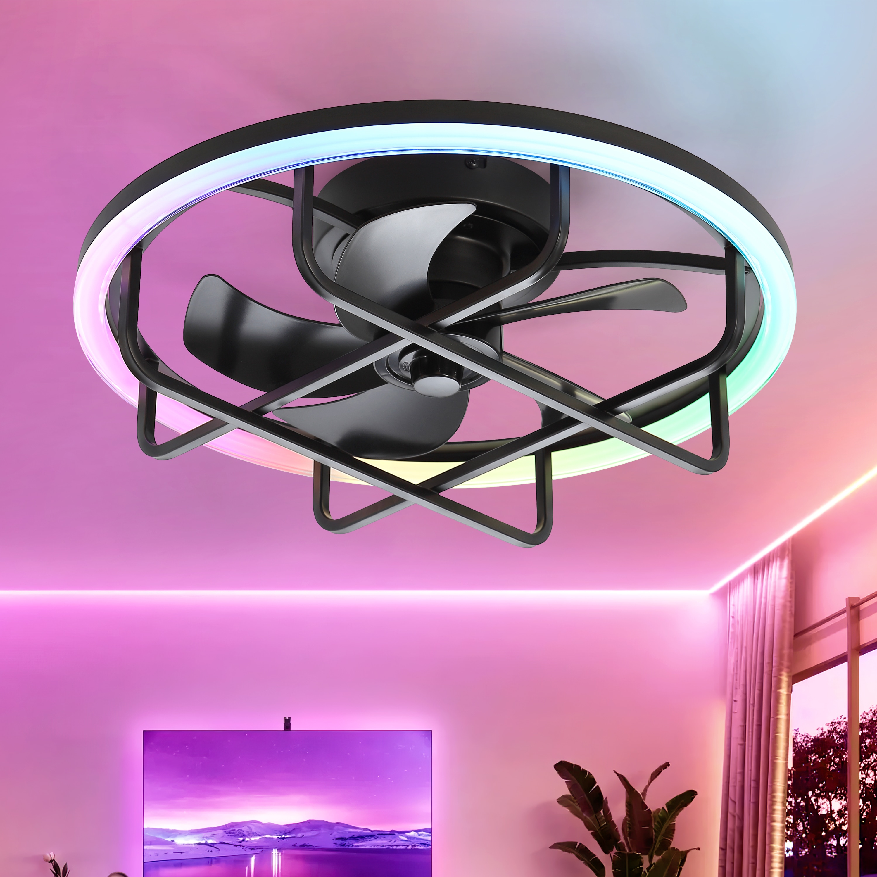 Airsurfer - 20 Matte Black with Black Blades Integrated LED Indoor Downrod Cage Ceiling Fan with ...