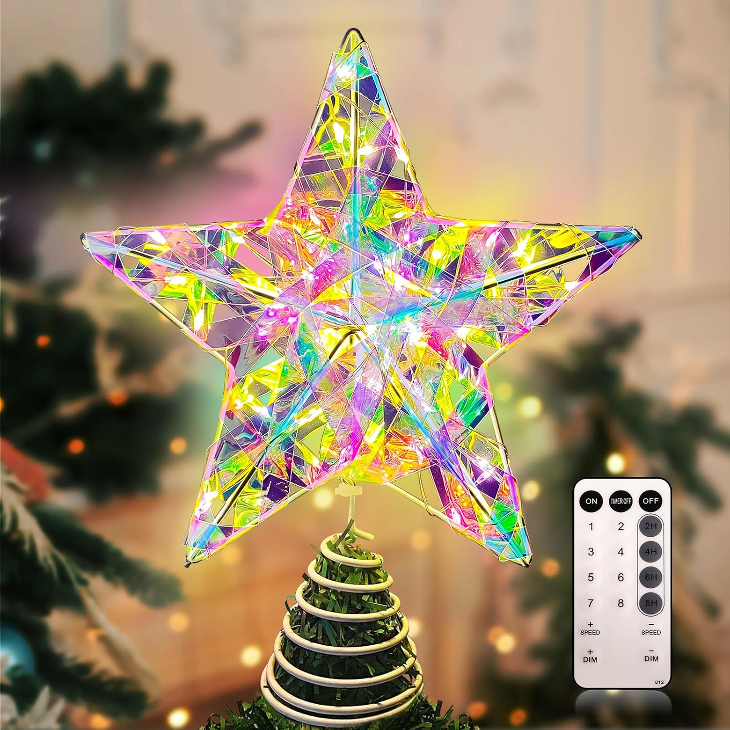 Etokfoks  LED Christmas Tree Topper Star Iridescent Film Remote Control 8 Lighting Modes Spiral Base Fits Most Trees 1 Piece Holiday Decor