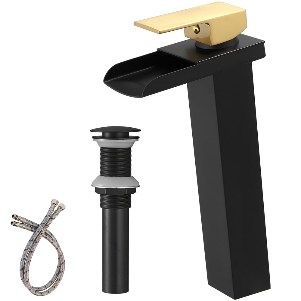 BWE A-96009H-GBK Black and Gold Vessel 1-handle WaterSense Waterfall Commercial/Residential Handle Bathroom Sink Faucet with Drain