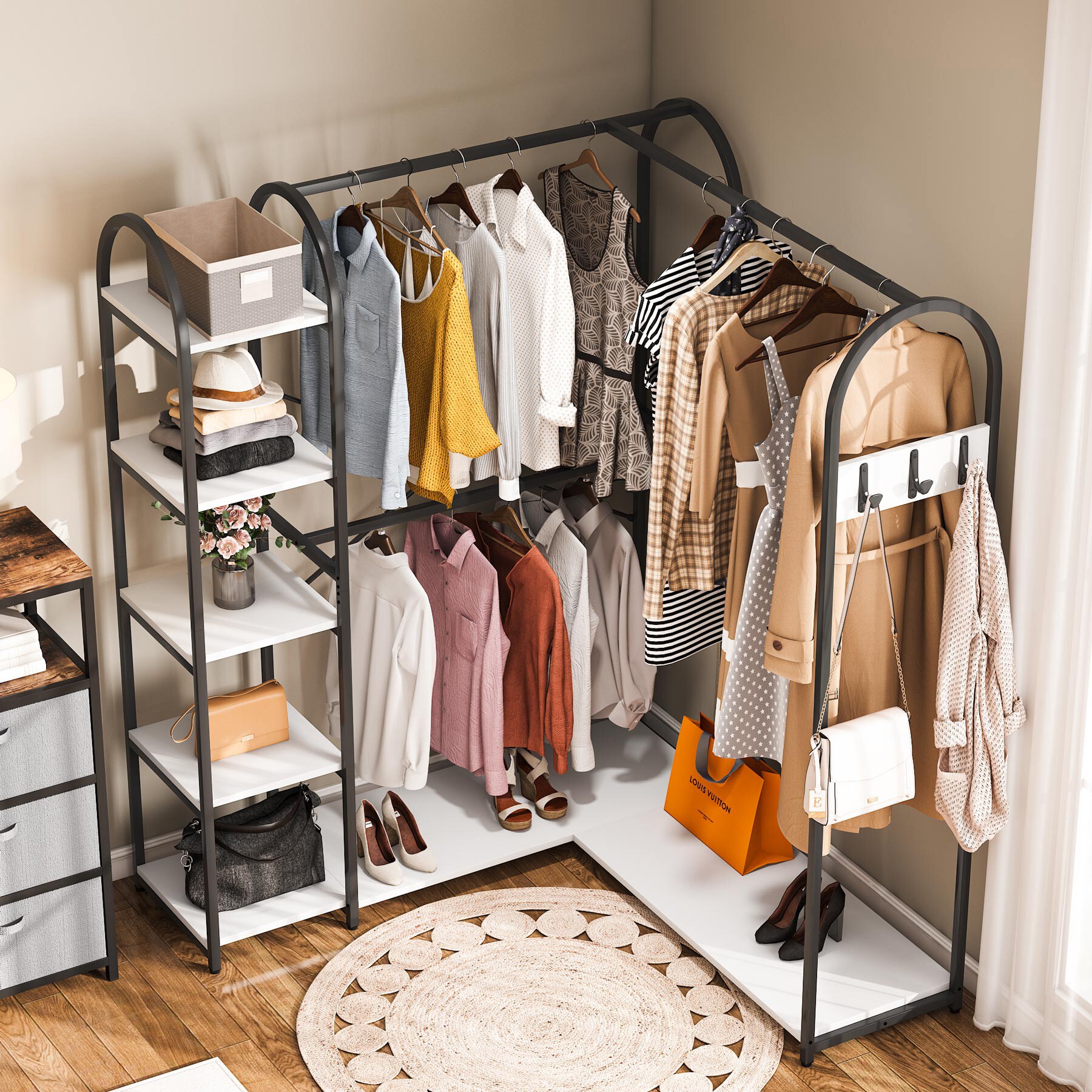 Tribesigns L Shape Closet Organizer, Freestanding Corner Garment Rack with  Shelves & Side Hook, Rustic Brown Clothing Rack 