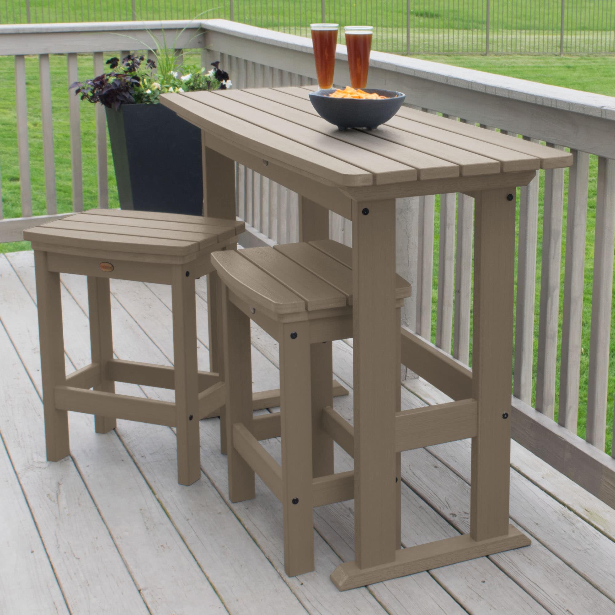 highwood AD-KITBALC1-WBR The Lehigh 3 -Piece Woodland Brown Bistro Patio Dining Set Plastic Rectangle Table with 2 Stationary Chairs