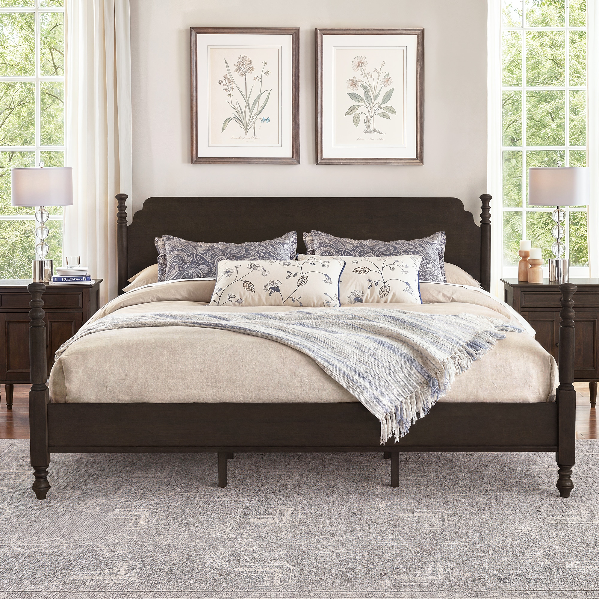 Hosworth  King Size Four Poster Solid Rubberwood Platform Bed Frame with Headboard Traditional Spindle Noise Free Bed No Box Spring Needed-Moroccan Brown