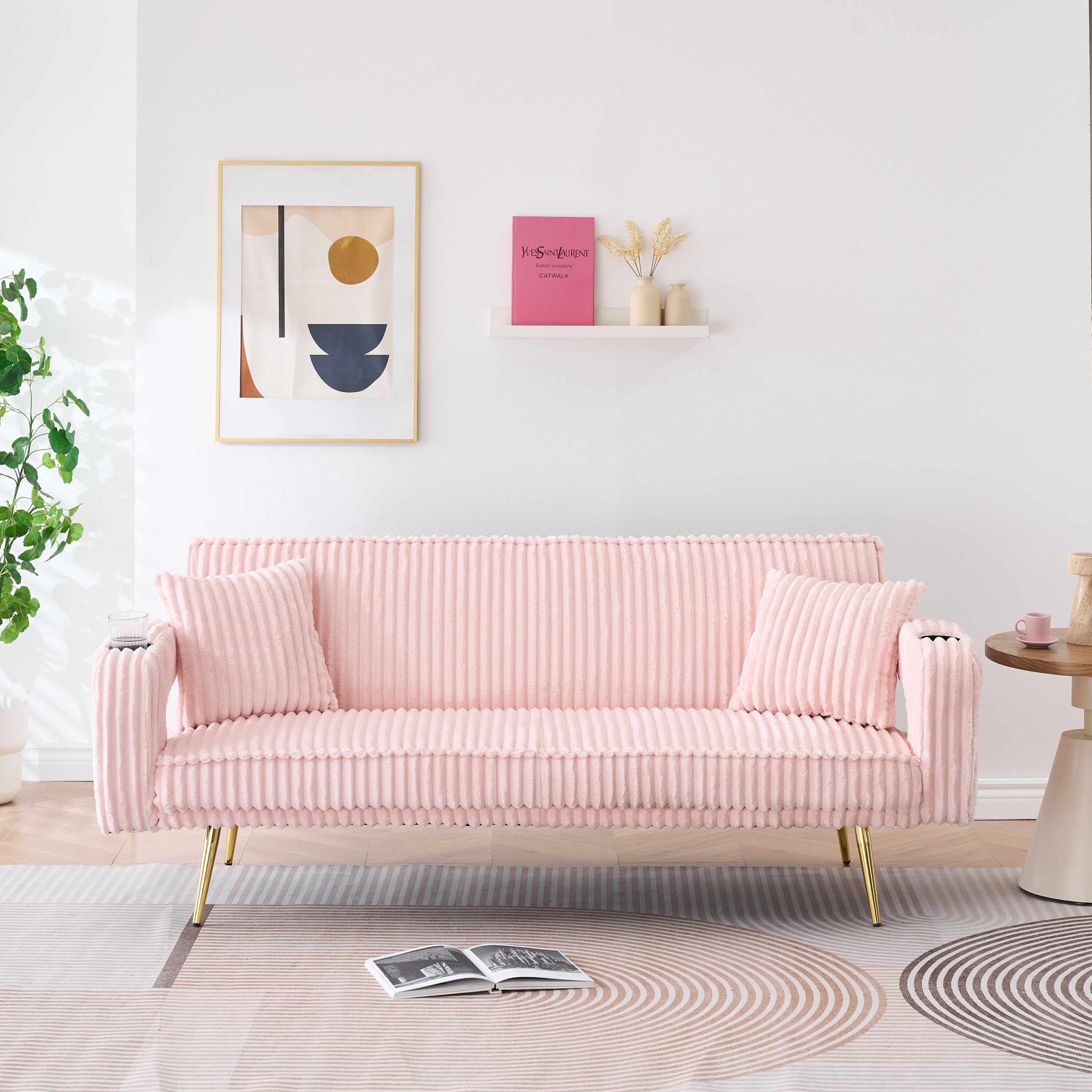 LOVMOR SF-M-W1658P251982 74.01 inch straight corduroy sofa bed with pillows adjustable in three levels designed in a minimalist style suitable for use in living rooms and study rooms Pink