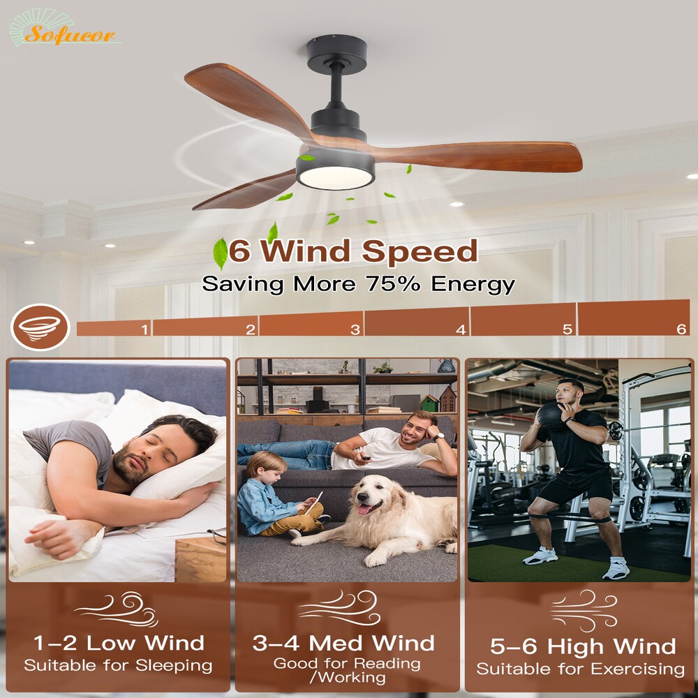 Sofucor 48-in Indoor Modern Black 3-Solid Wood Brown Ceiling Fan with ...