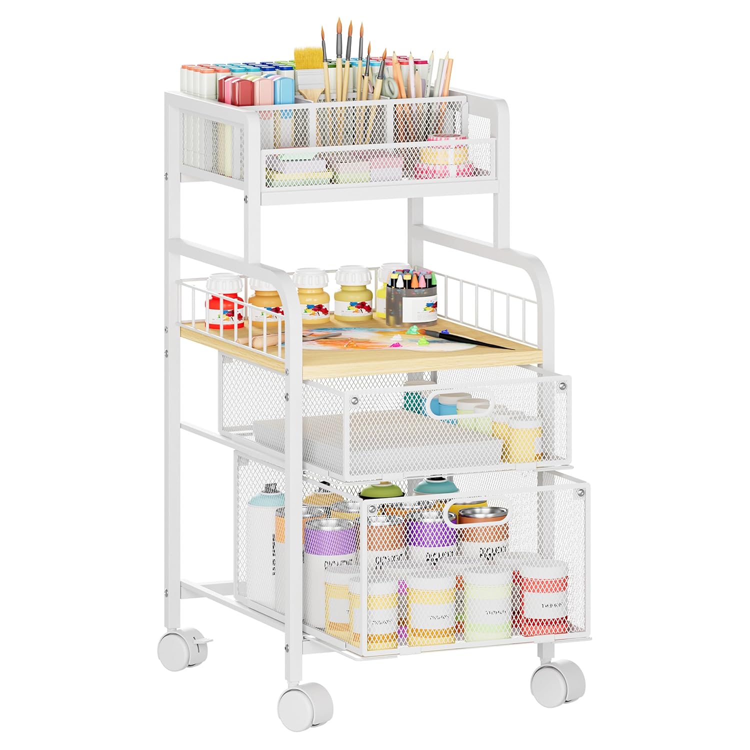 Fredees Rolling Metal Storage Cart with Drawers Wood Shelf and Locking Wheels for Under Desk Home Office Studio and Craft Organization