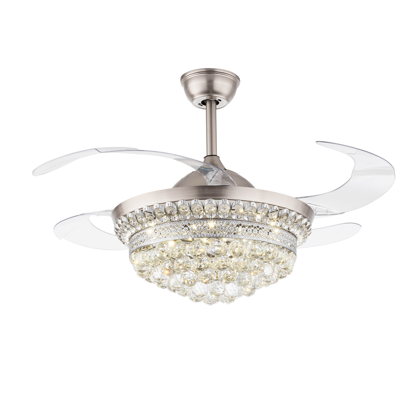 Oukaning HG-HCXLST-3655-US 42-in Color-Changing Integrated LED Modern Silver Luxury Crystal Retractable Blade with ABS Blades Chandelier Ceiling Fan With Light - Remote Included ( 4 -Blade )