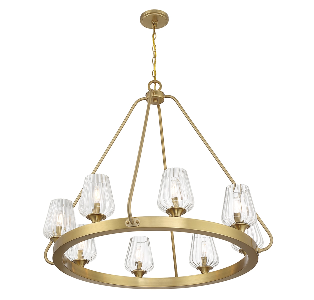 Warm Brass 8-Light Chandelier with Ribbed Glass Shades