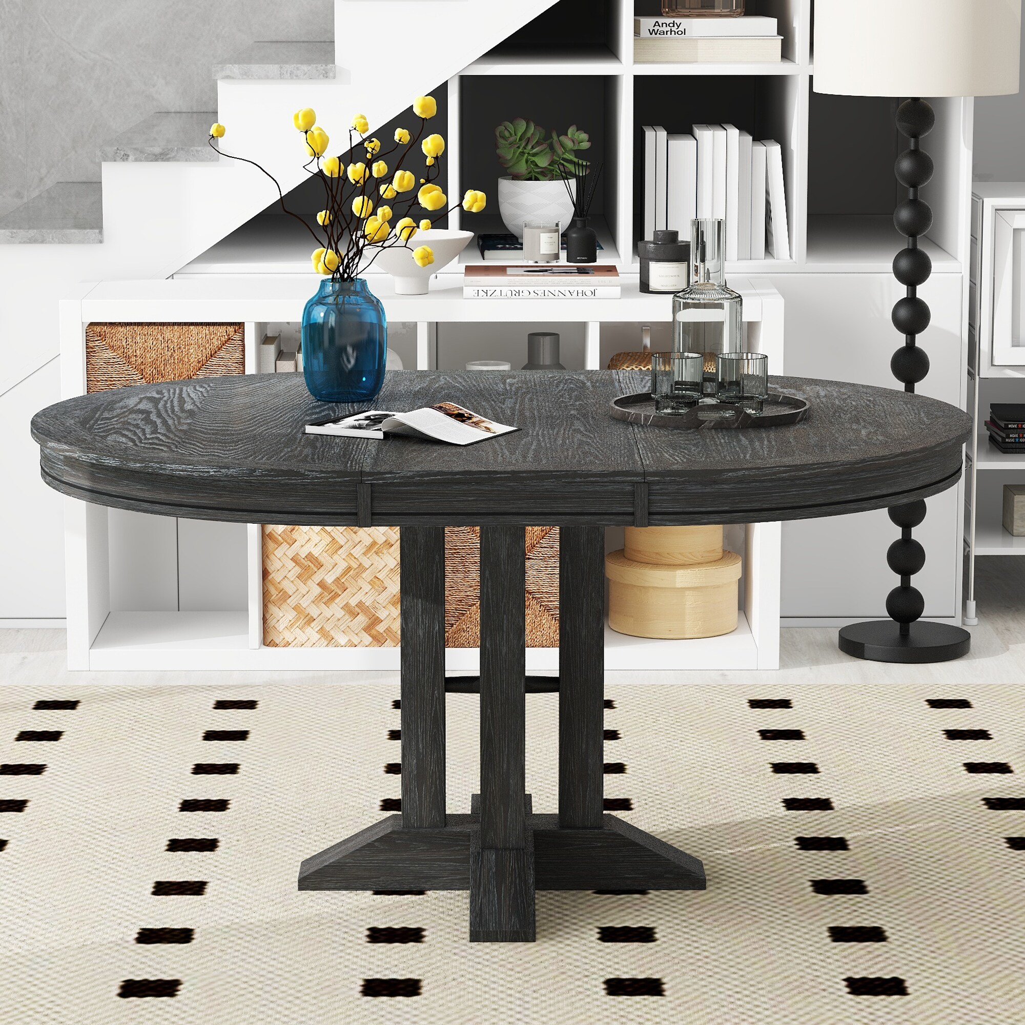 ModernLuxe WF305980AAB Farmhouse Dining Table Extendable Round Table for Kitchen Dining RoomBlack