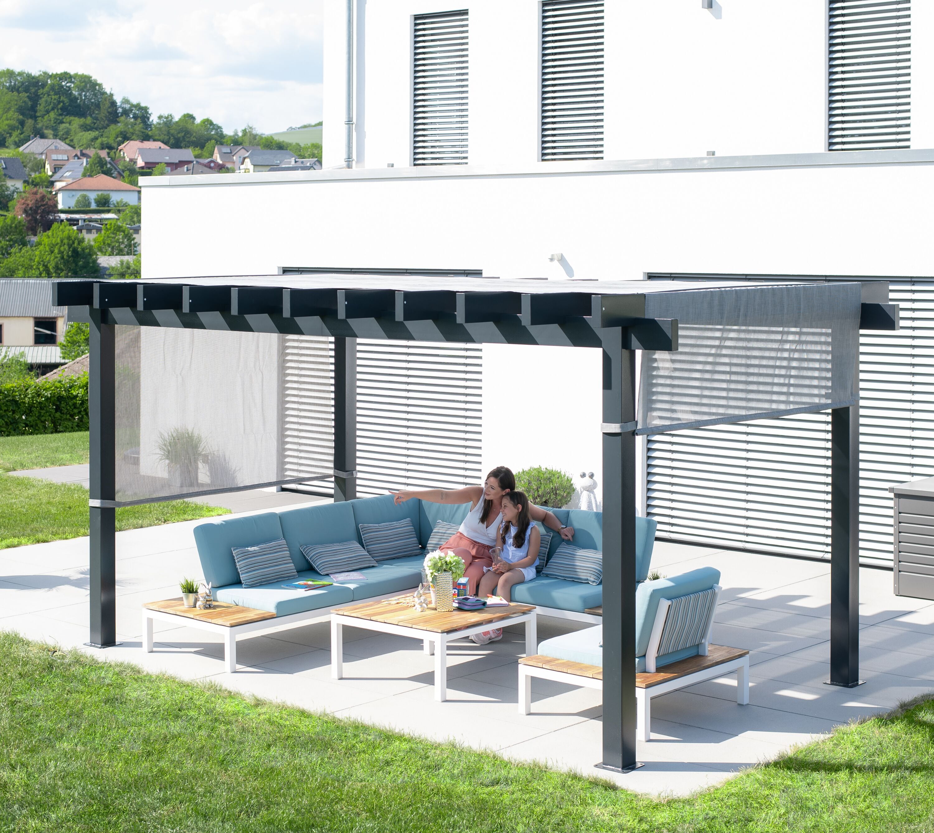 Yamba 10' x 16' Gray Aluminum Pergola with Fabric Canopy