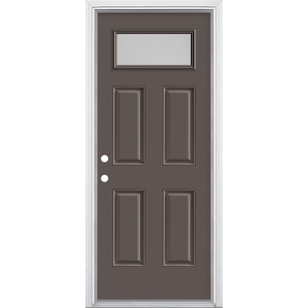 Masonite 629528 32-in x 80-in x 4-9/16-in Fiberglass 1/4 lite Right-hand inswing Timber Gray Painted Prehung Front Door with Brickmould Insulating core