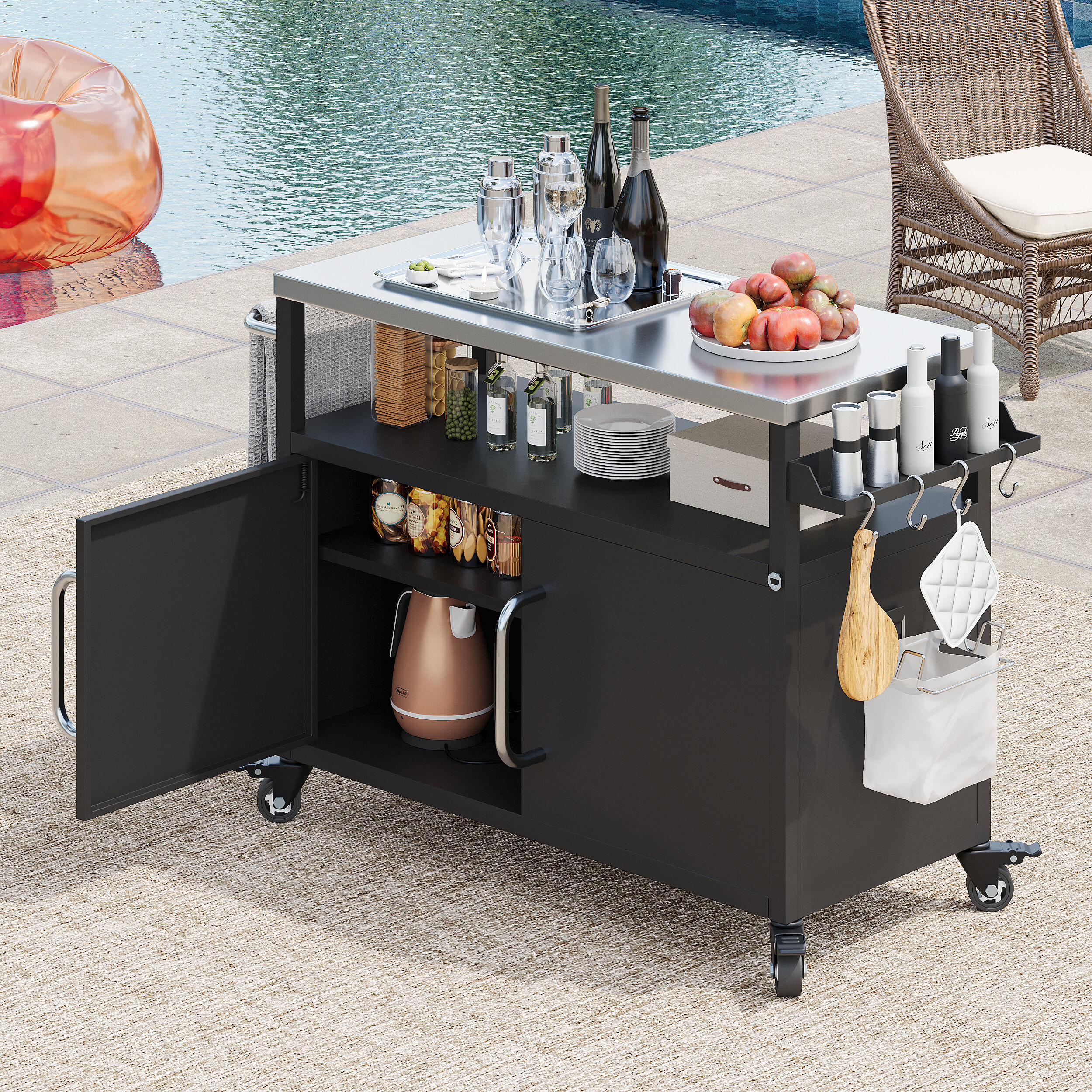 ModernLuxe L3P-N707P270779B 54.5inch Outdoor Kitchen Island with Stainless Steel Tabletop Metal Grill Cart Table with Storage Cabinet Spice Rack and Towel Rack Outdoor Bar Cart with 4 Lockable Wheels for Outside BBQ