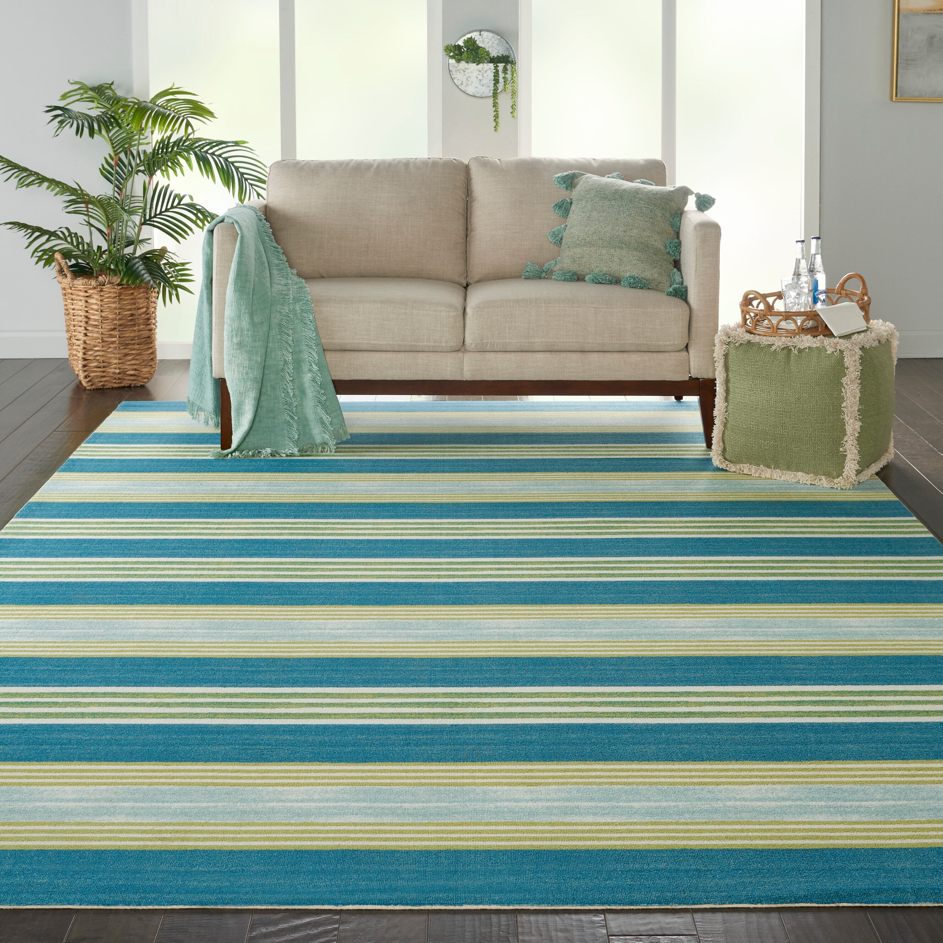 Nourison 99446476067 Sun N' Shade 8 x 11 (ft) Loomed Polyester Green/Teal Rectangular Indoor/Outdoor Stripe Area rug