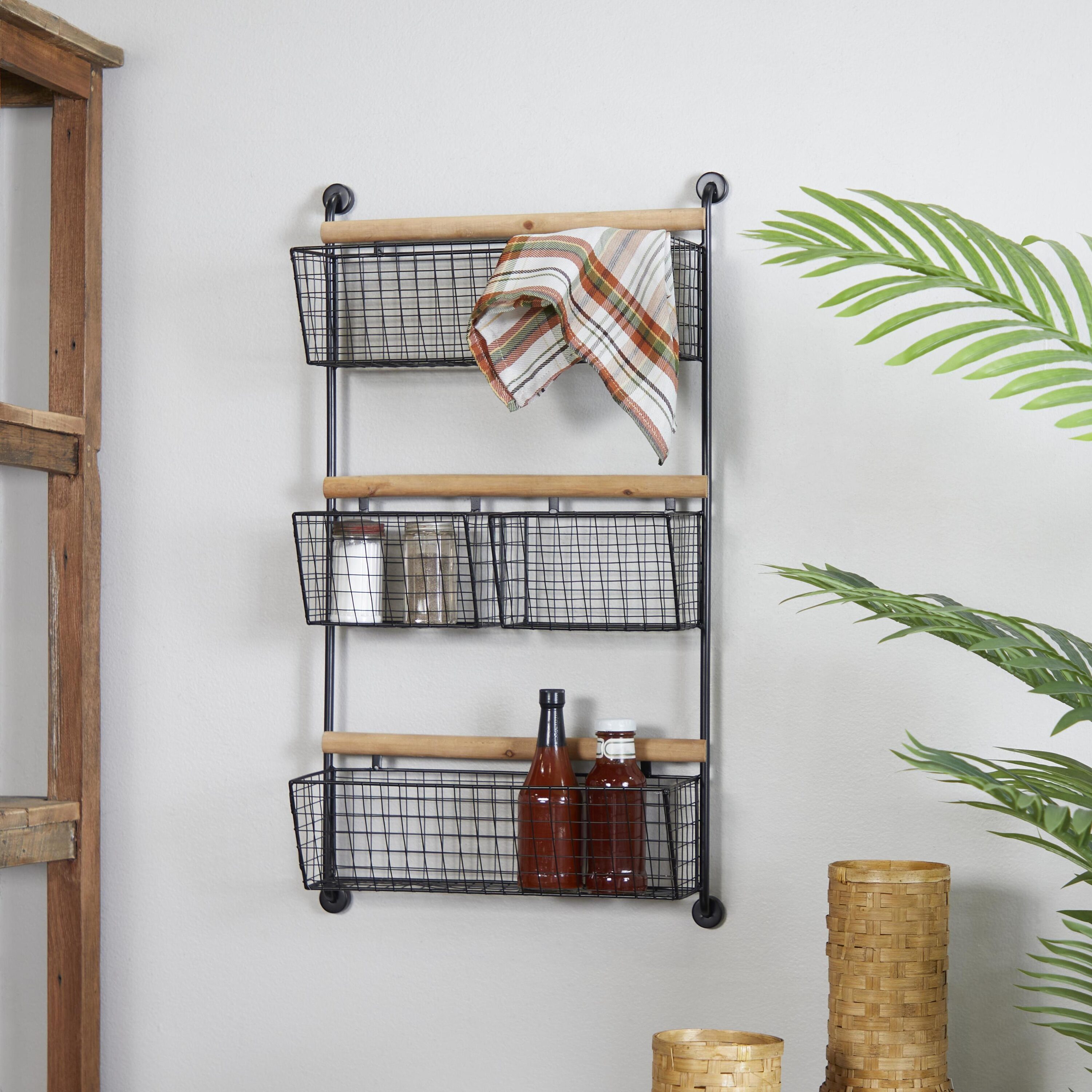 Grayson Lane 87829 18.3-in L x 5.85-in D x 31.3-in H Black 4 Hanging Baskets Metal Rectangular Magazine rack 4 Decorative Shelves