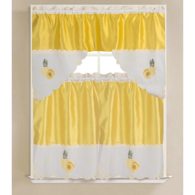 Pineapple Embroidered 3 Piece, Yellow And Gray Curtains For Kitchen